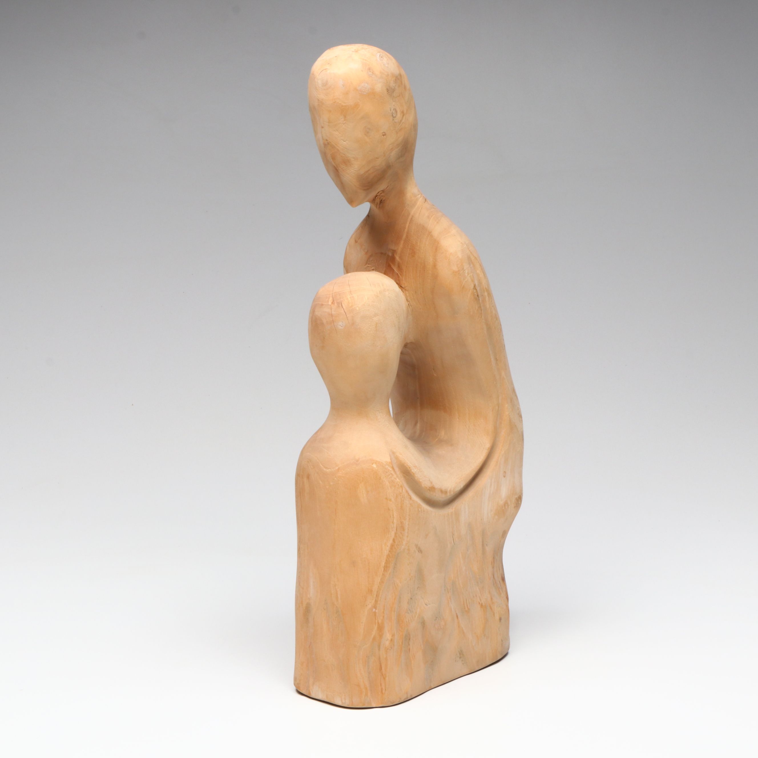 Hand-Carved Mother and Child Abstract Wood Statue, Late 20th Century