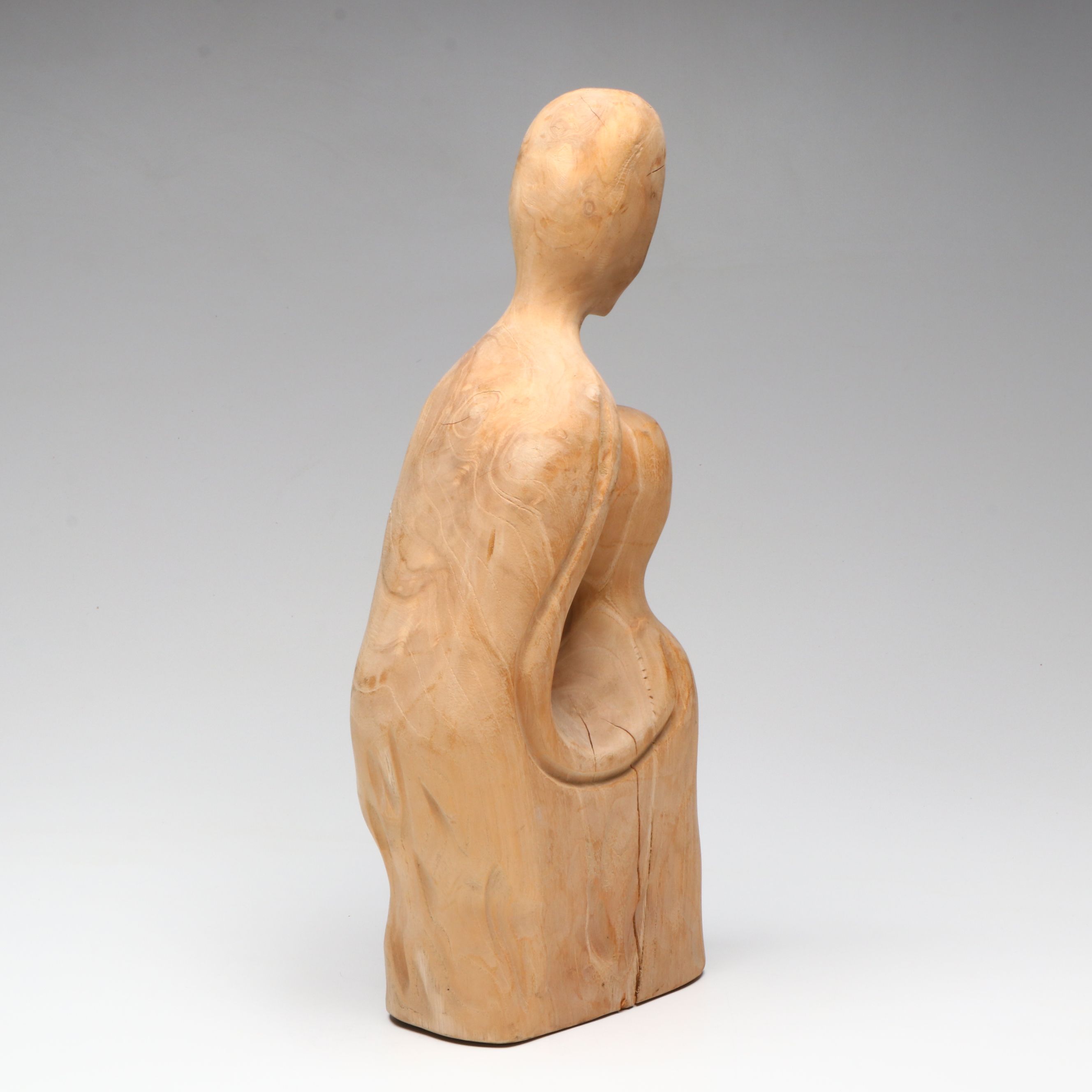 Hand-Carved Mother and Child Abstract Wood Statue, Late 20th Century