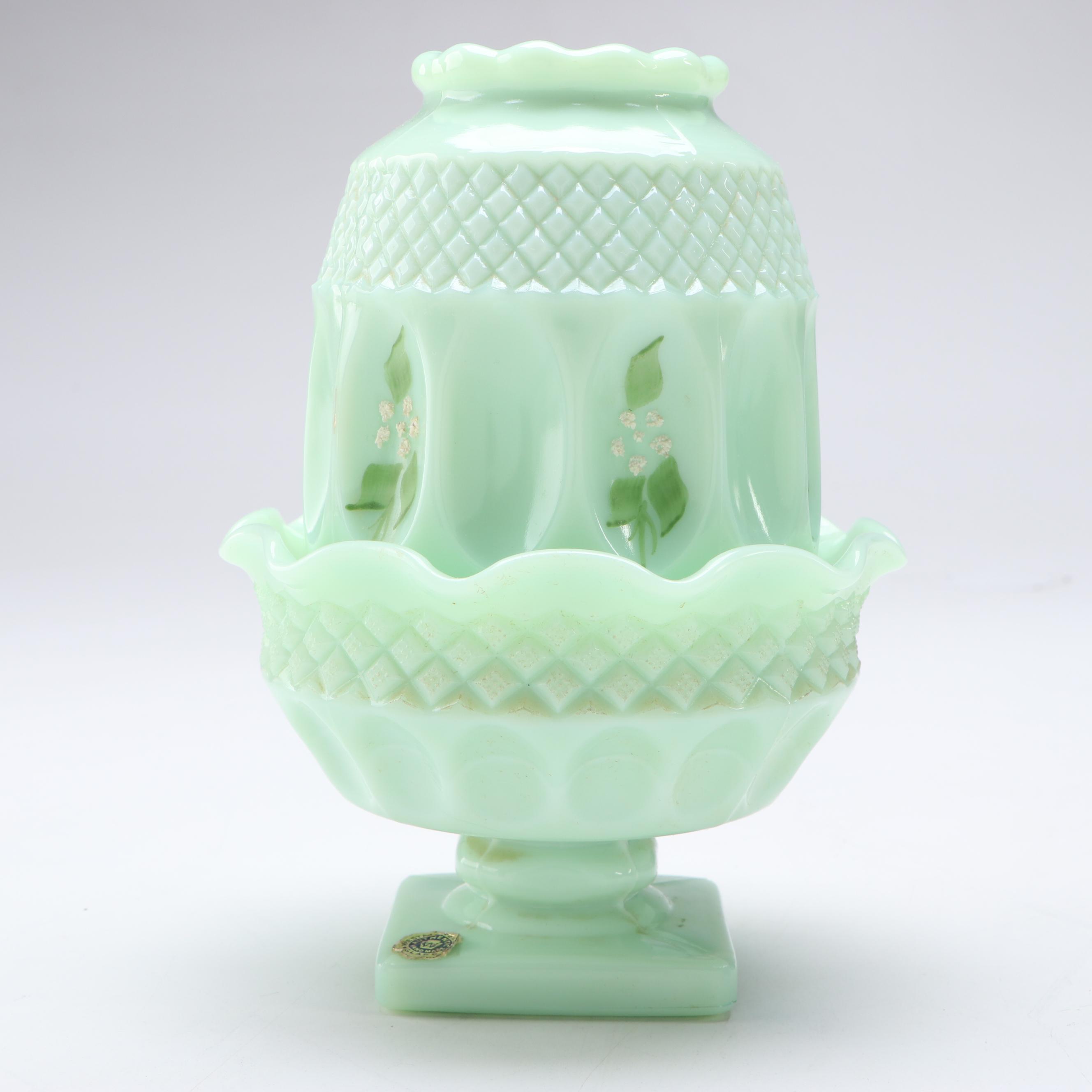Westmoreland Hand-Painted and Fenton Iridescent Green Glass Fairy Lamps
