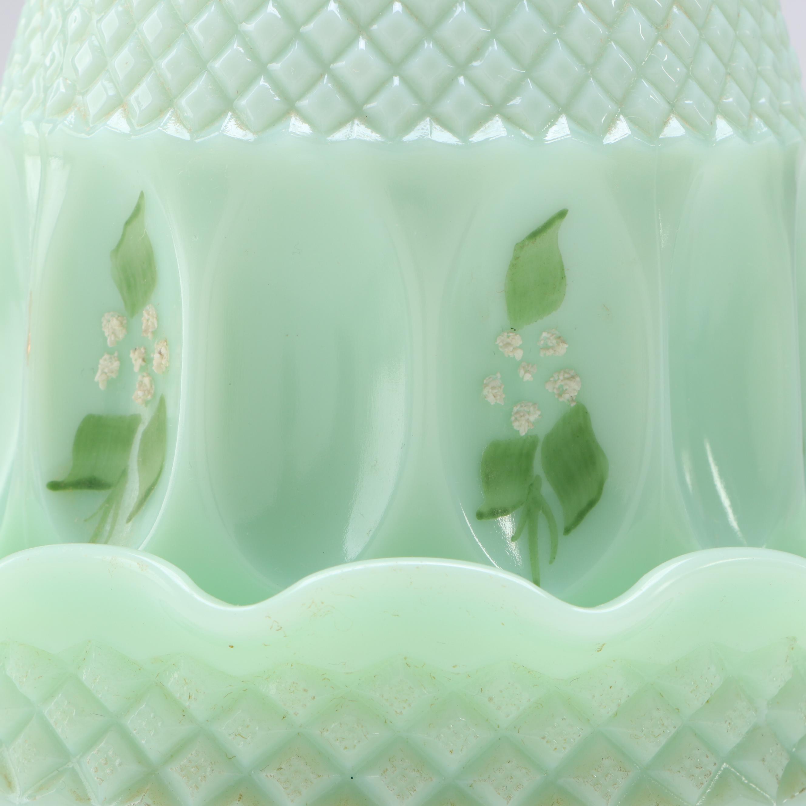 Westmoreland Hand-Painted and Fenton Iridescent Green Glass Fairy Lamps