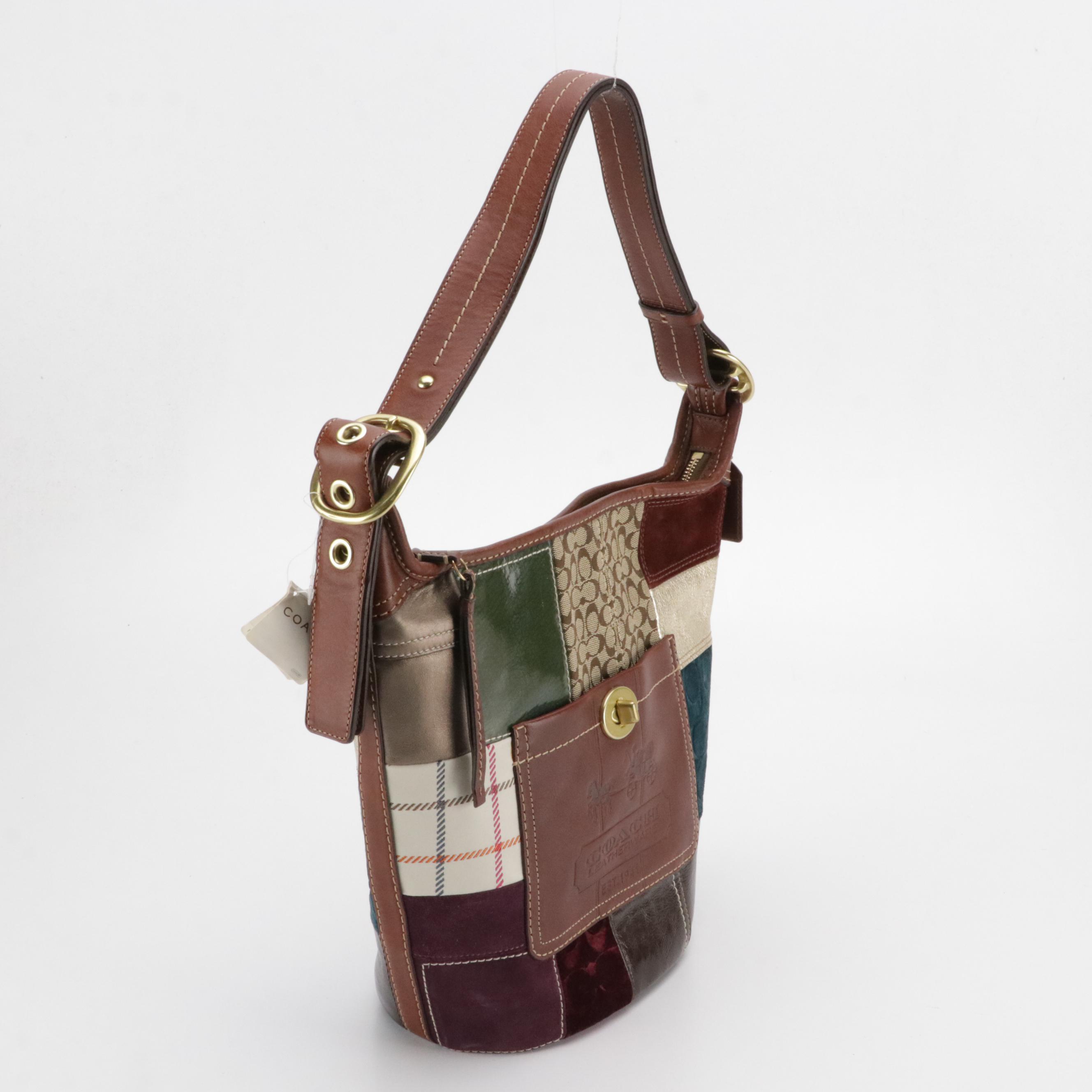 Coach Holiday Patchwork Bleeker Duffel Bucket Bag with Brown Leather Trim
