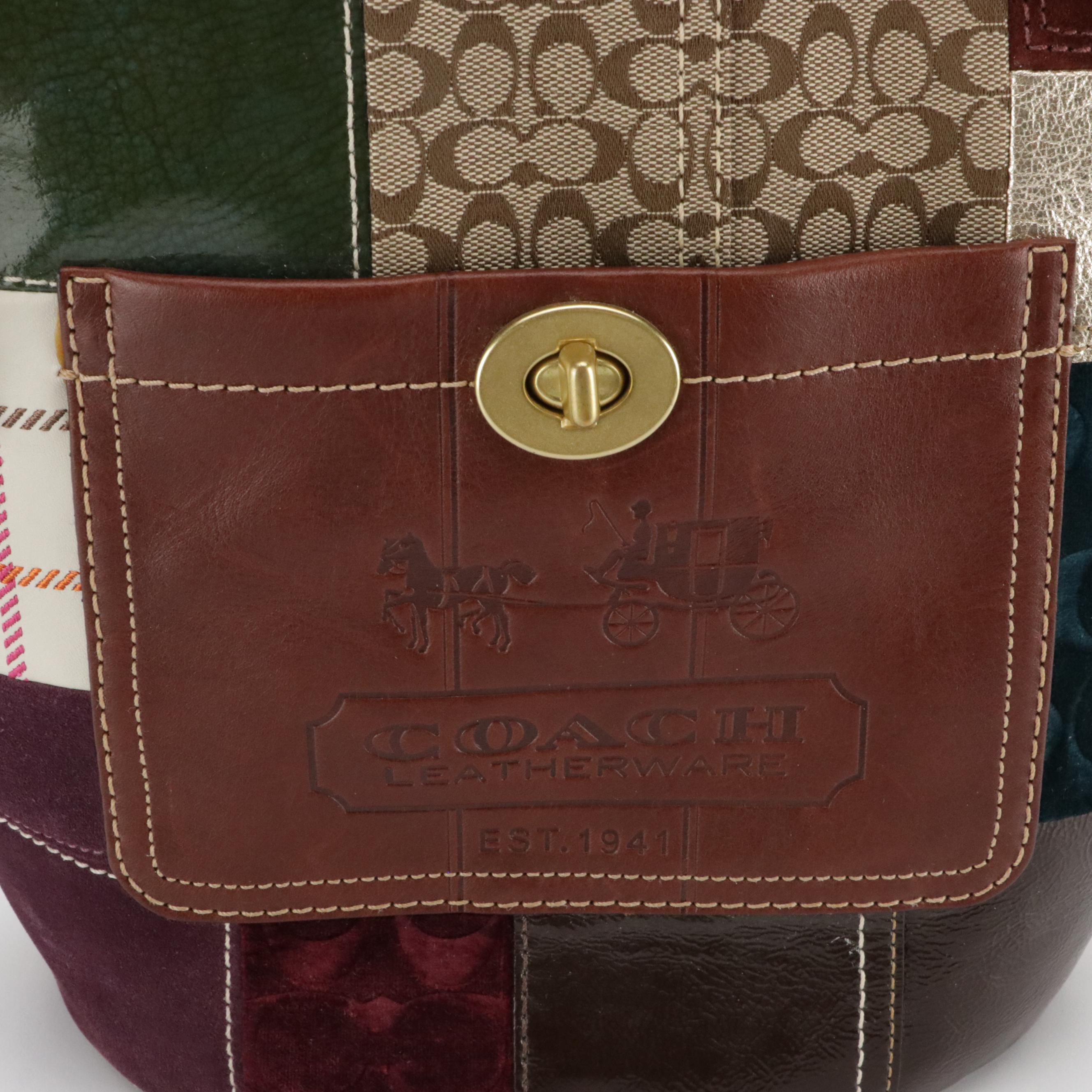 Coach Holiday Patchwork Bleeker Duffel Bucket Bag with Brown Leather Trim