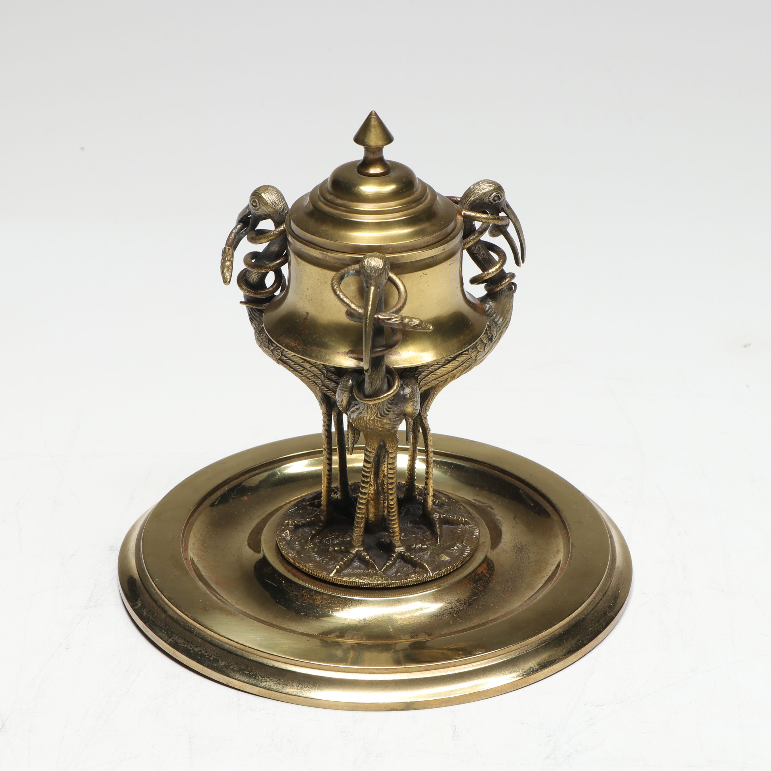 French Brass Stork and Snake Form Tripod Base Inkwell, Antique