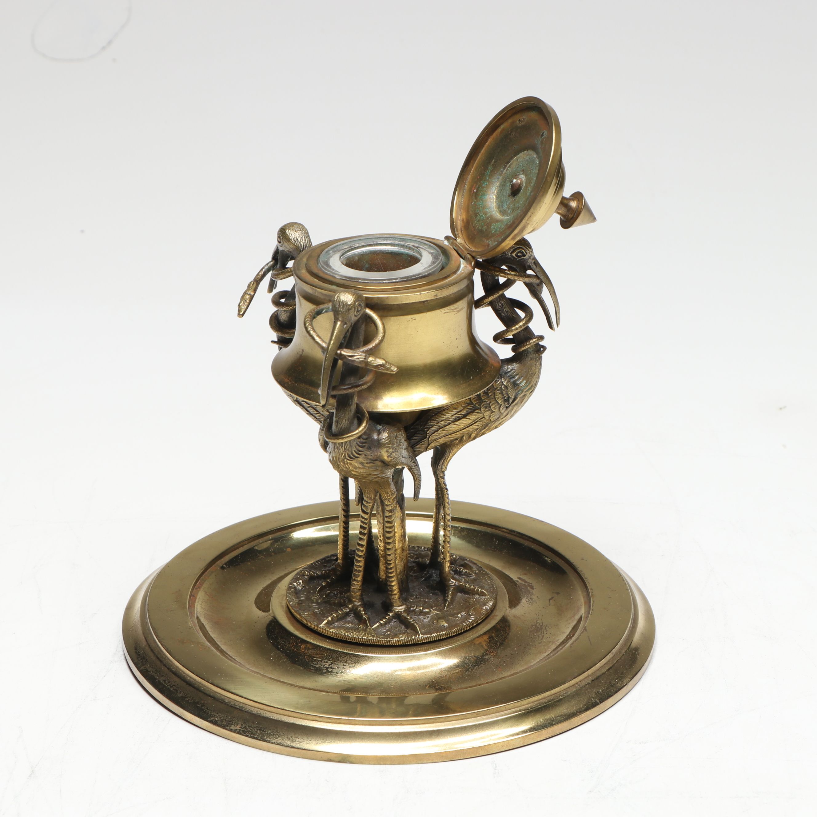 French Brass Stork and Snake Form Tripod Base Inkwell, Antique