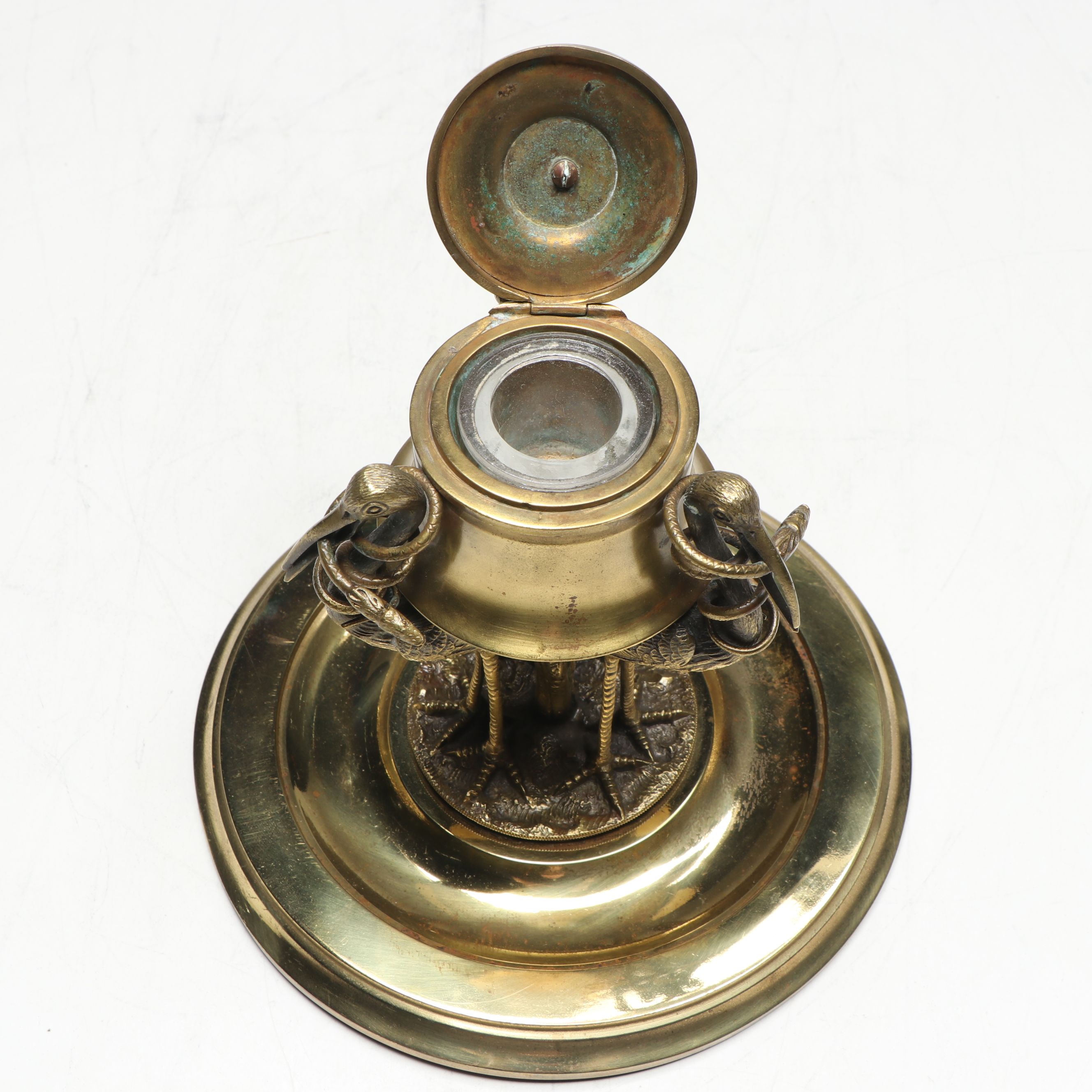 French Brass Stork and Snake Form Tripod Base Inkwell, Antique