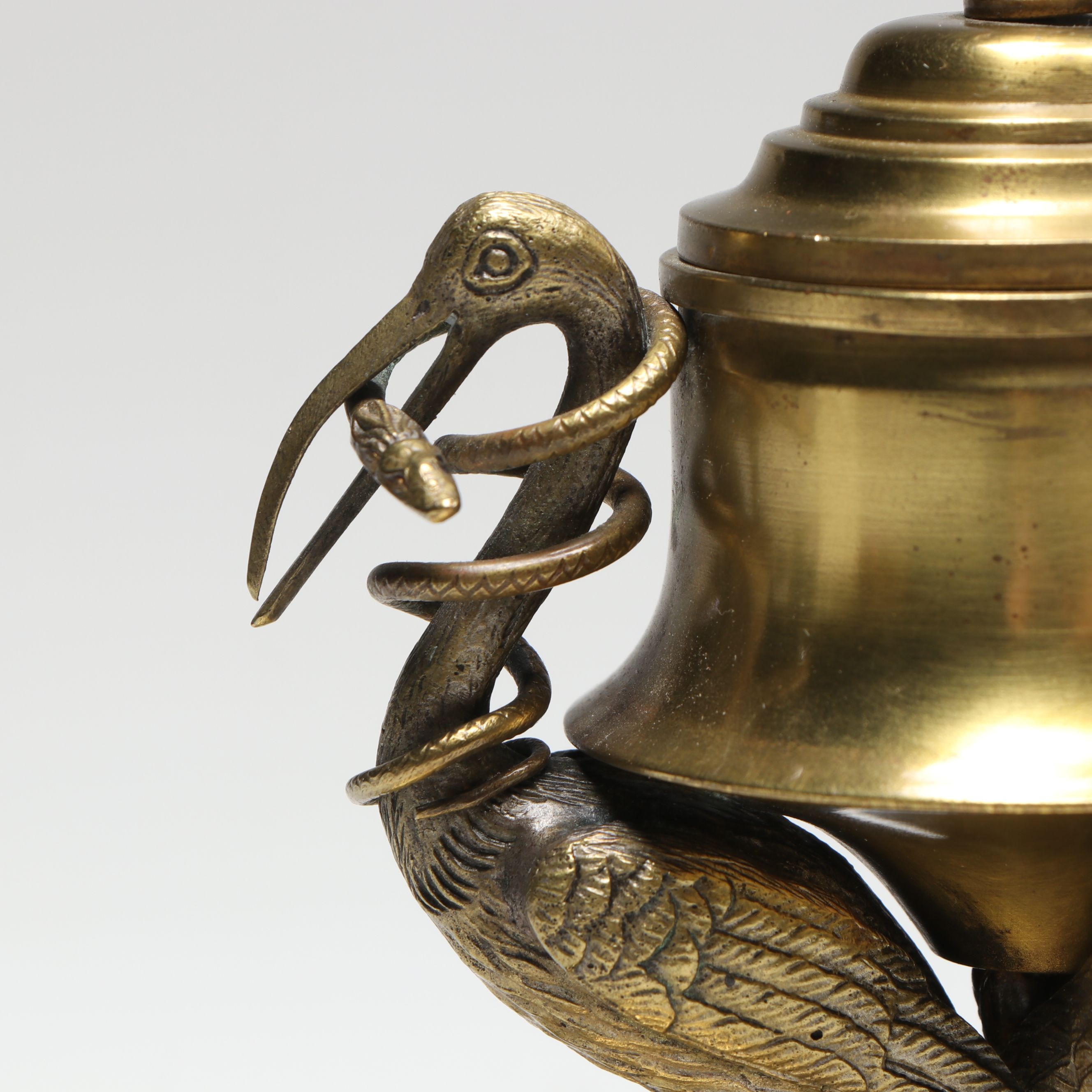 French Brass Stork and Snake Form Tripod Base Inkwell, Antique