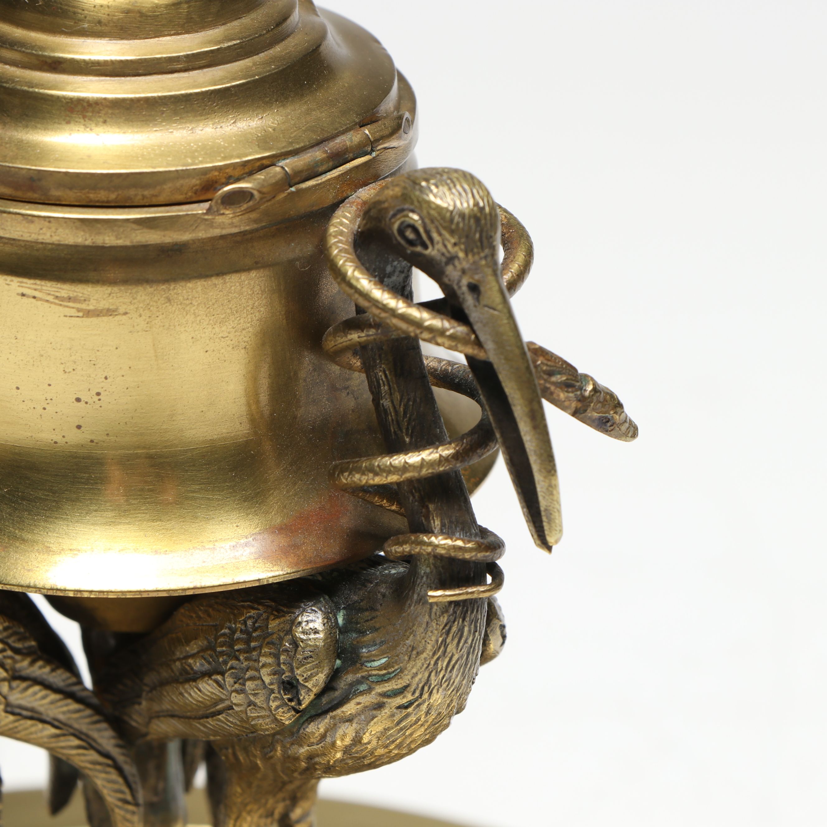 French Brass Stork and Snake Form Tripod Base Inkwell, Antique