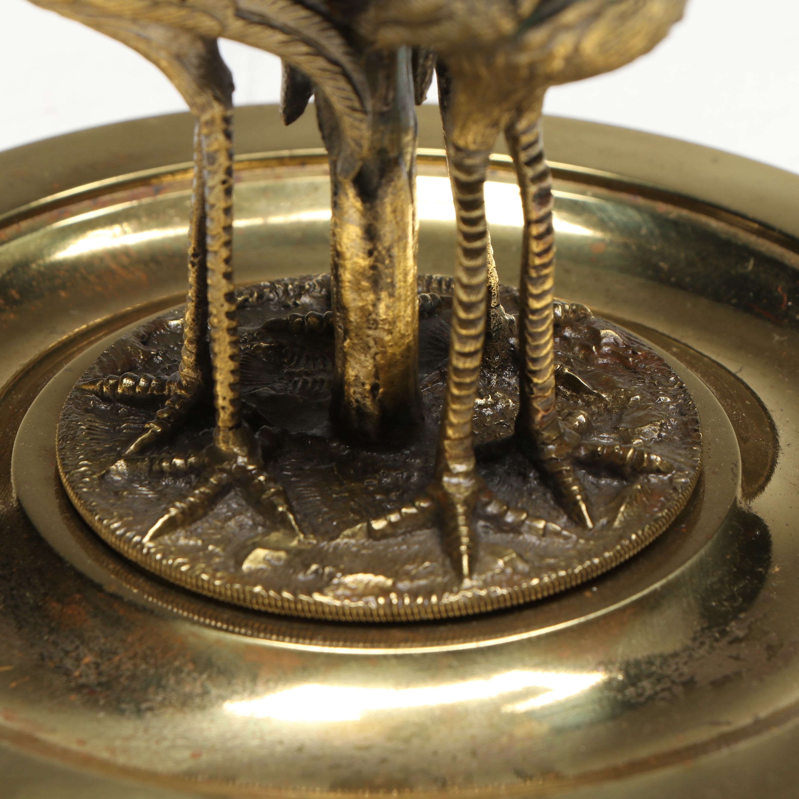 French Brass Stork and Snake Form Tripod Base Inkwell, Antique