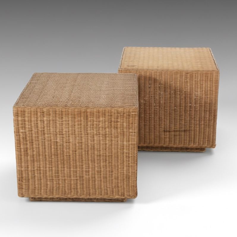Woven Rattan Cube Side Tables, Mid Century Modern Style
