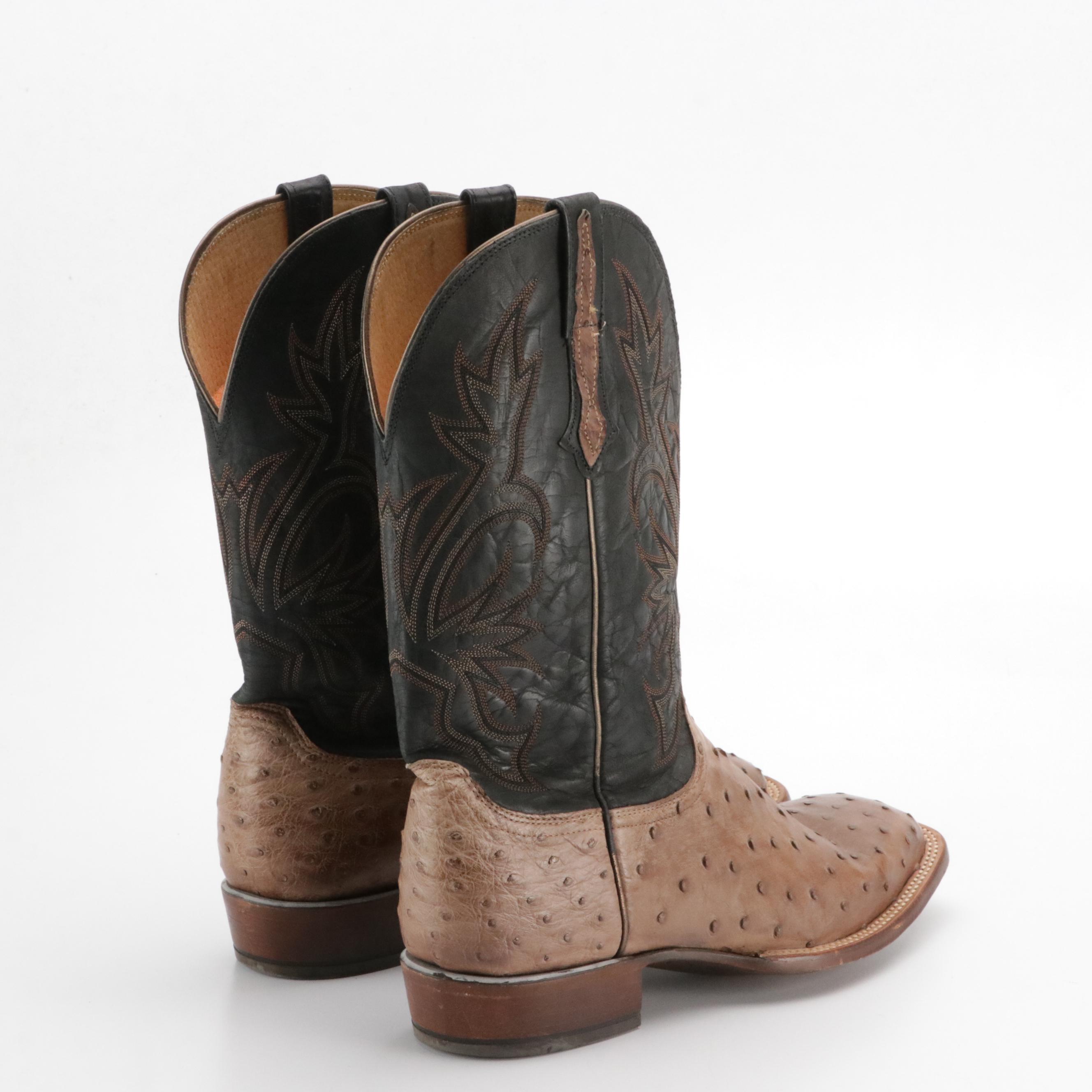 Men's Lucchese Brown Ostrich Skin and Black Leather Cowboy Boots