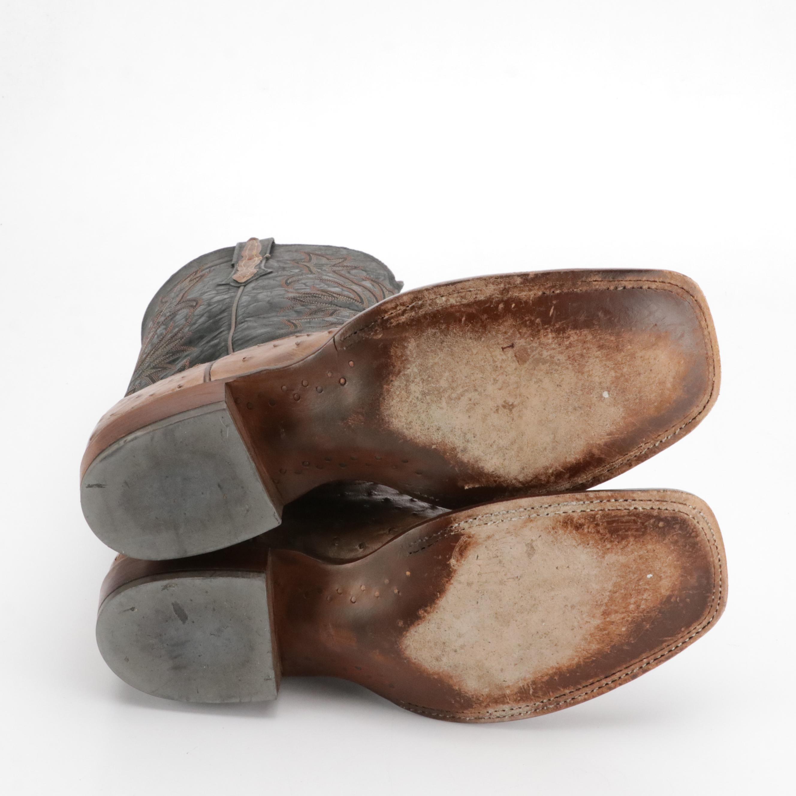 Men's Lucchese Brown Ostrich Skin and Black Leather Cowboy Boots