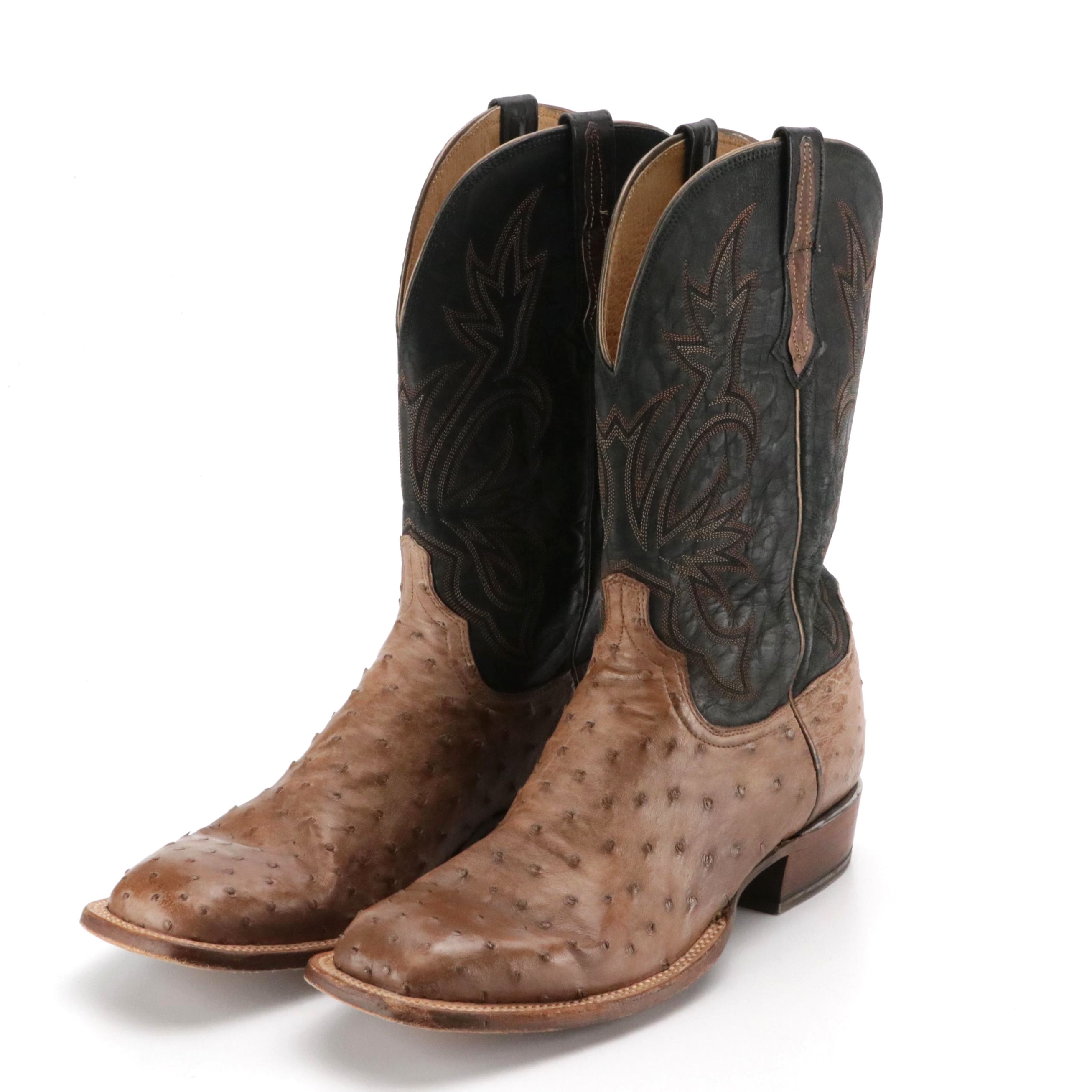 Men's Lucchese Brown Ostrich Skin and Black Leather Cowboy Boots