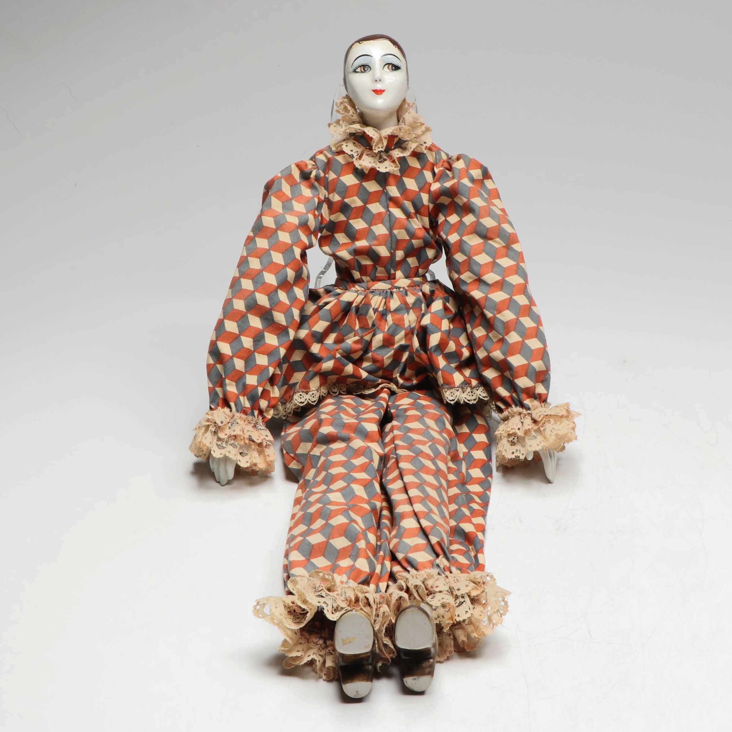 Art Deco China Head Boudoir Doll Dressed as Jester, 1920s-1930s