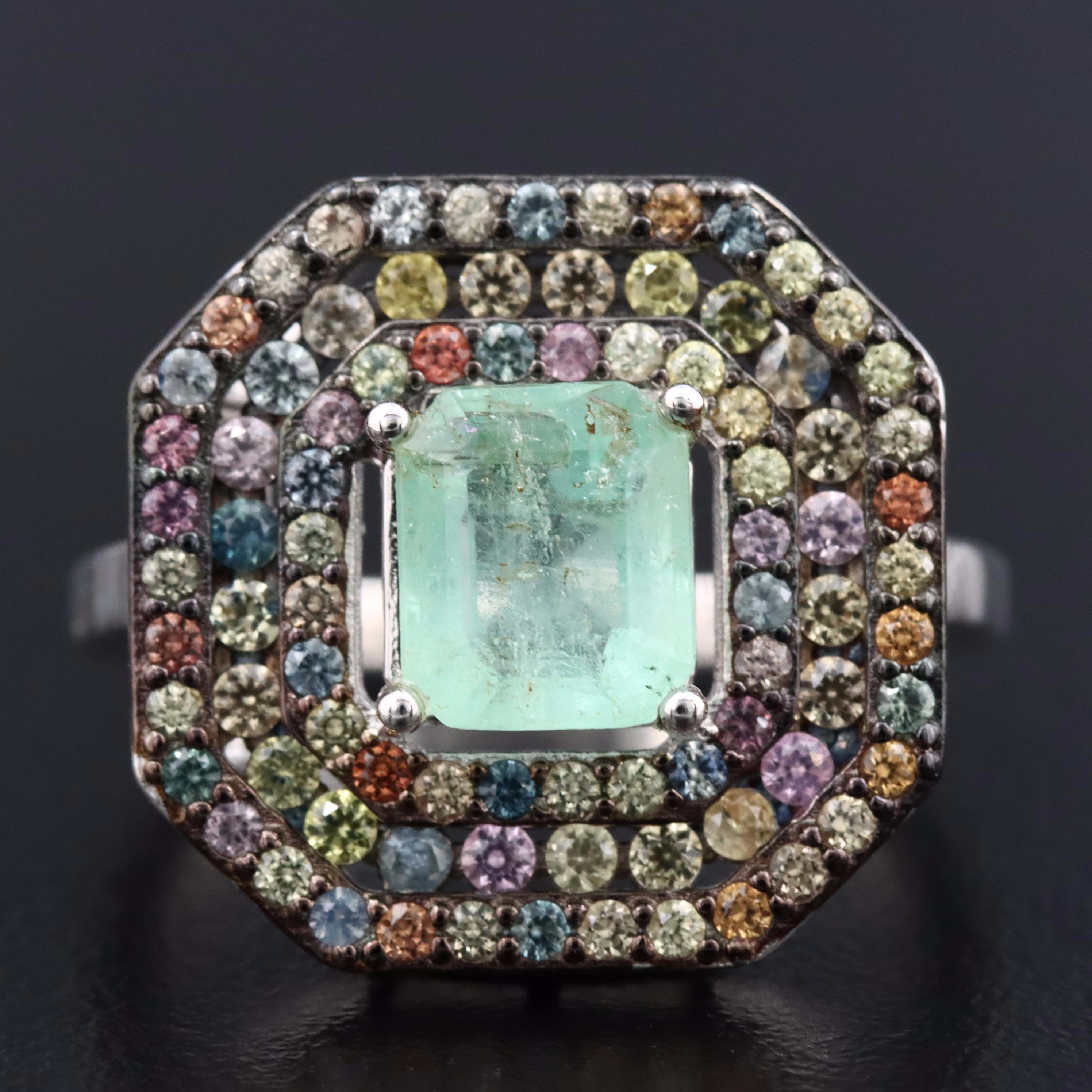 Sterling Emerald and Multicolored Sapphire Ring