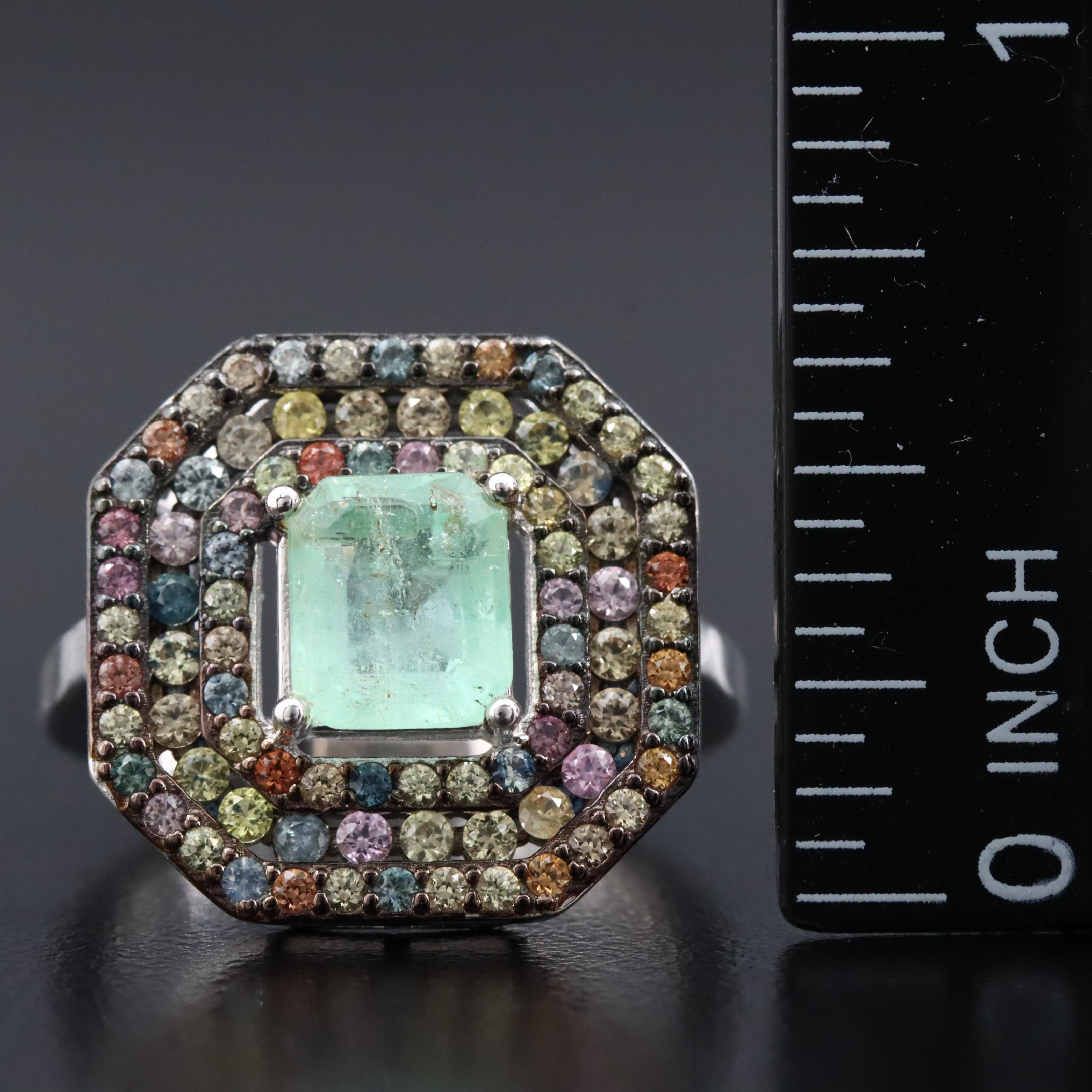 Sterling Emerald and Multicolored Sapphire Ring