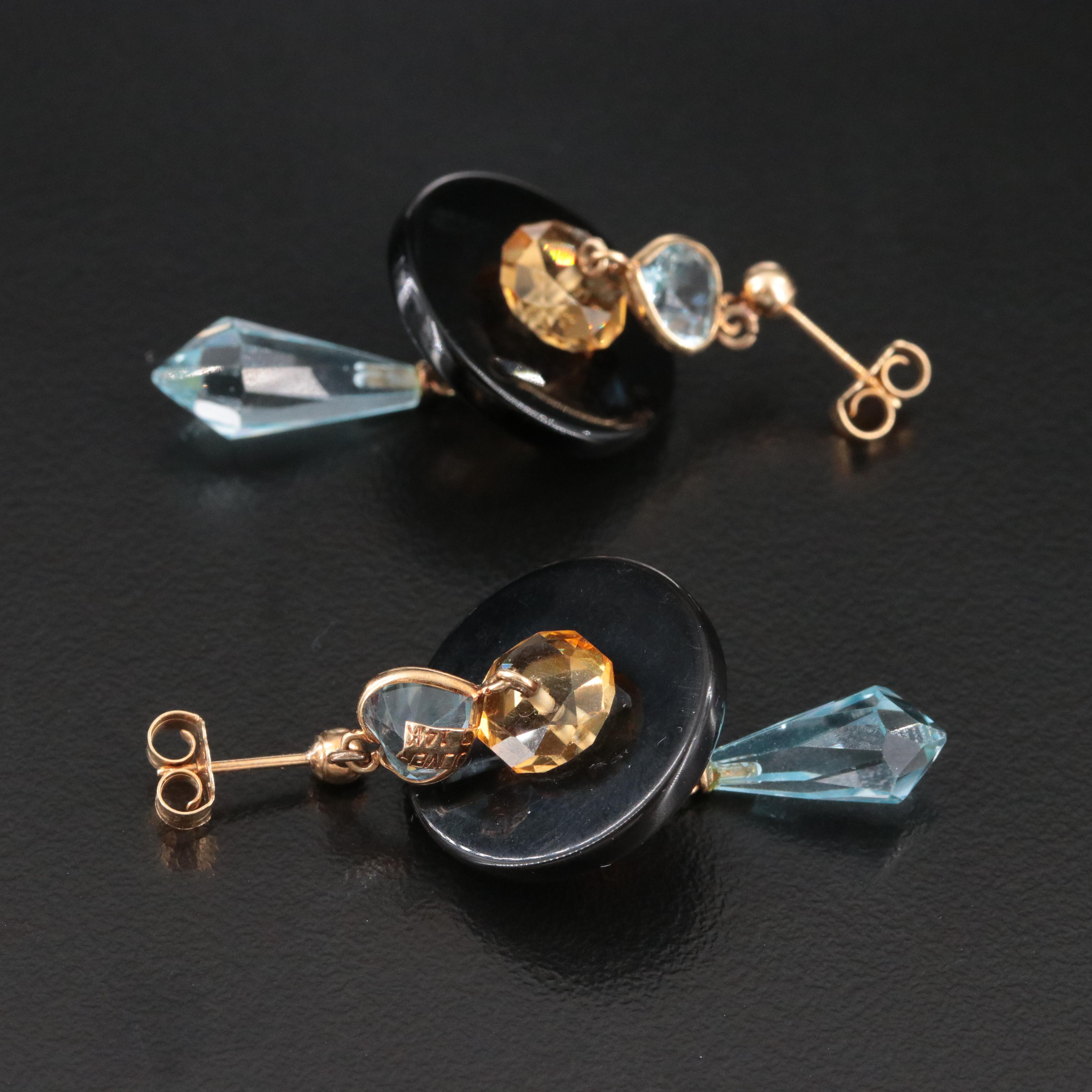 14K Topaz, Citrine and Black Onyx Earrings