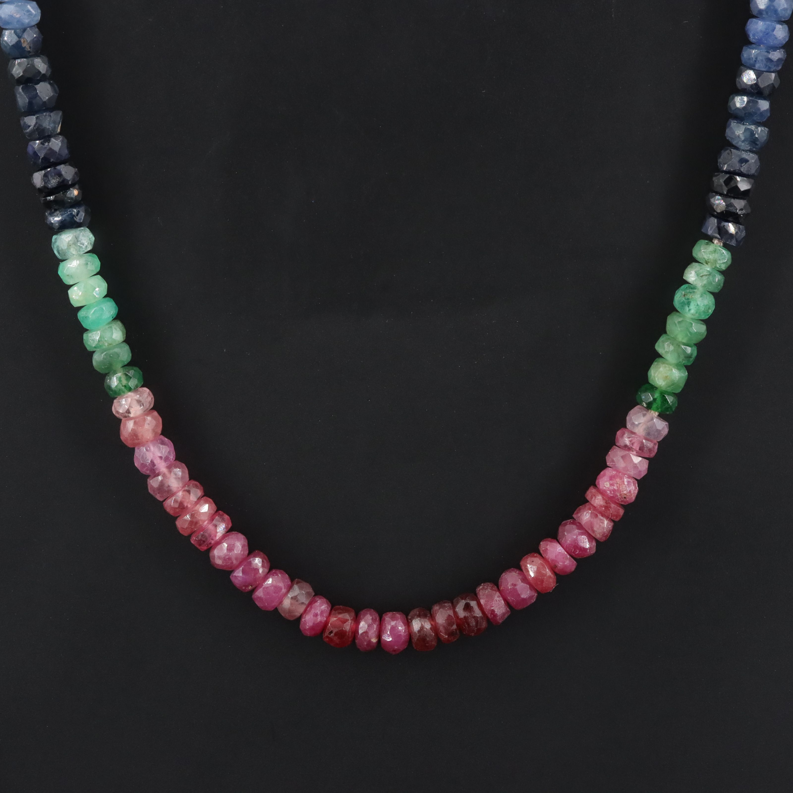 Sterling Sapphire, Emerald and Ruby Bead Necklace