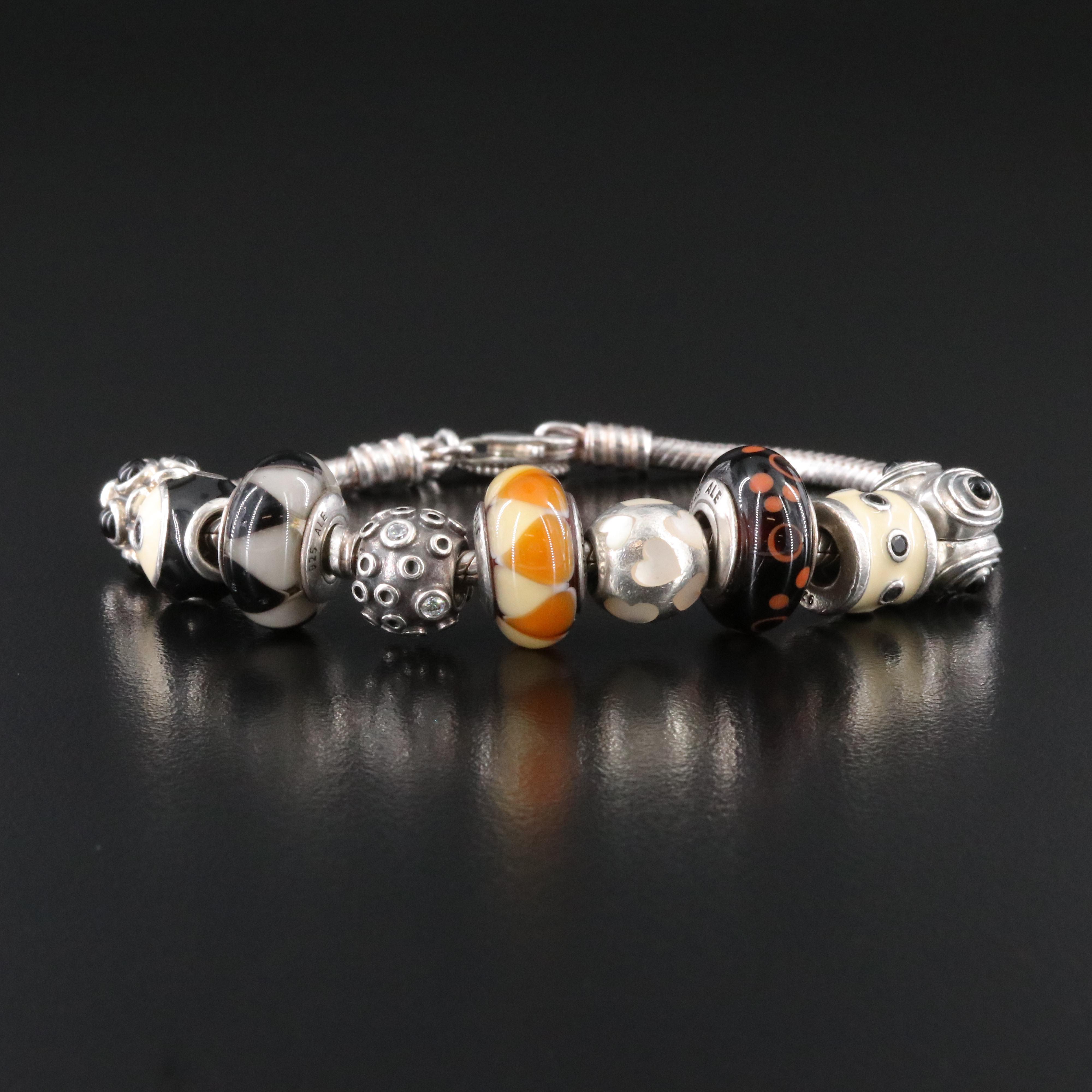 Pandora Sterling Bracelet with Charms Including CZ, Glass and Mother-of-Pearl