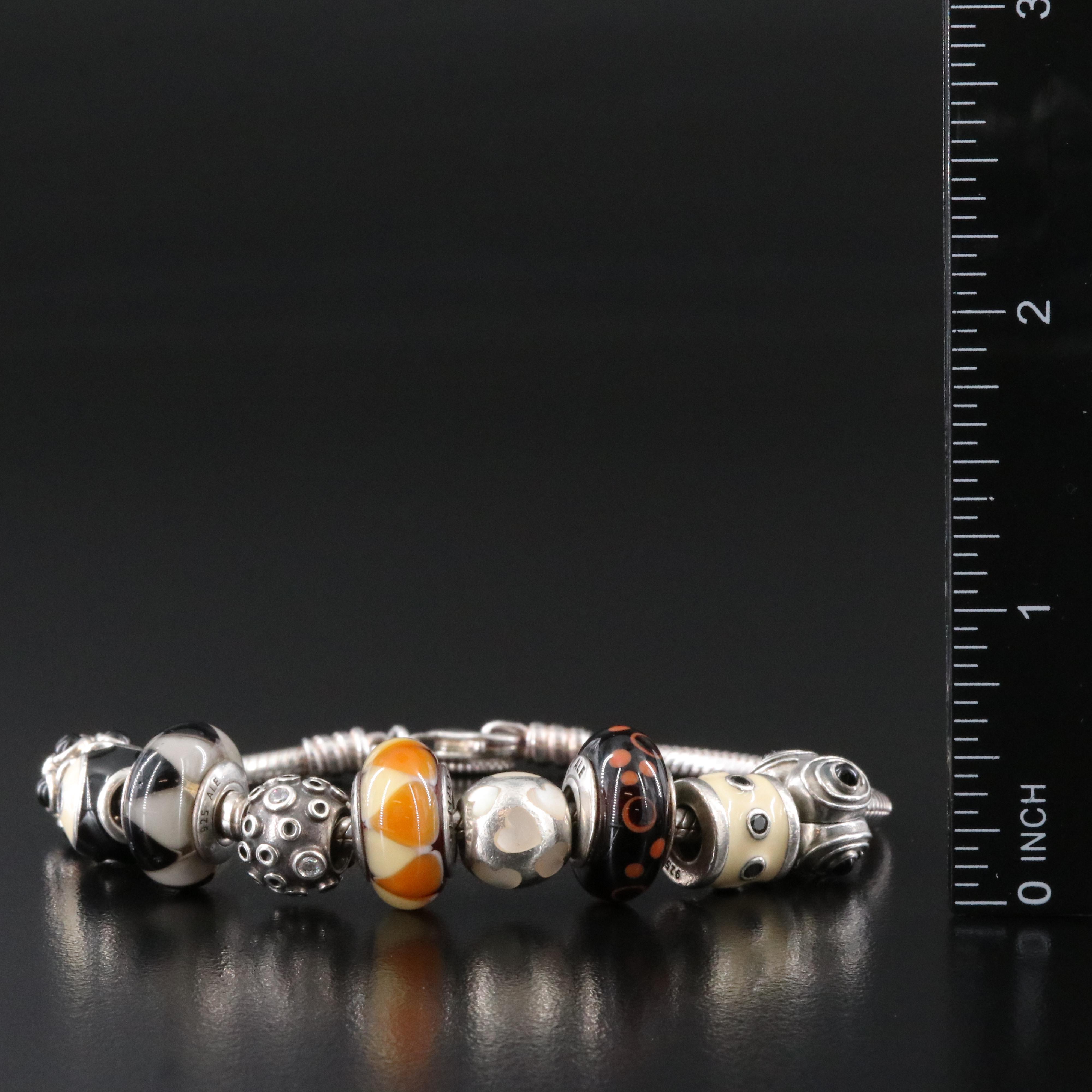 Pandora Sterling Bracelet with Charms Including CZ, Glass and Mother-of-Pearl