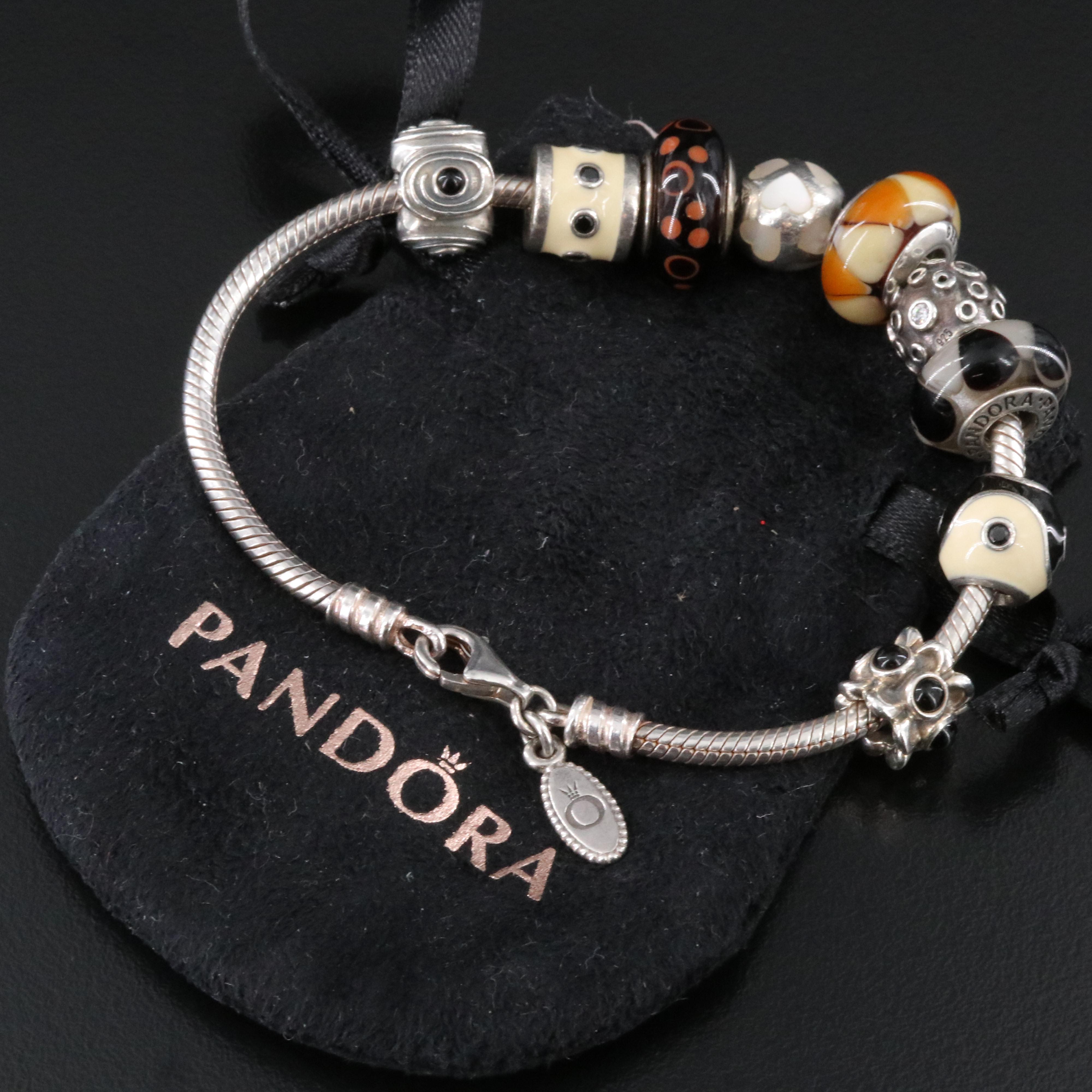 Pandora Sterling Bracelet with Charms Including CZ, Glass and Mother-of-Pearl