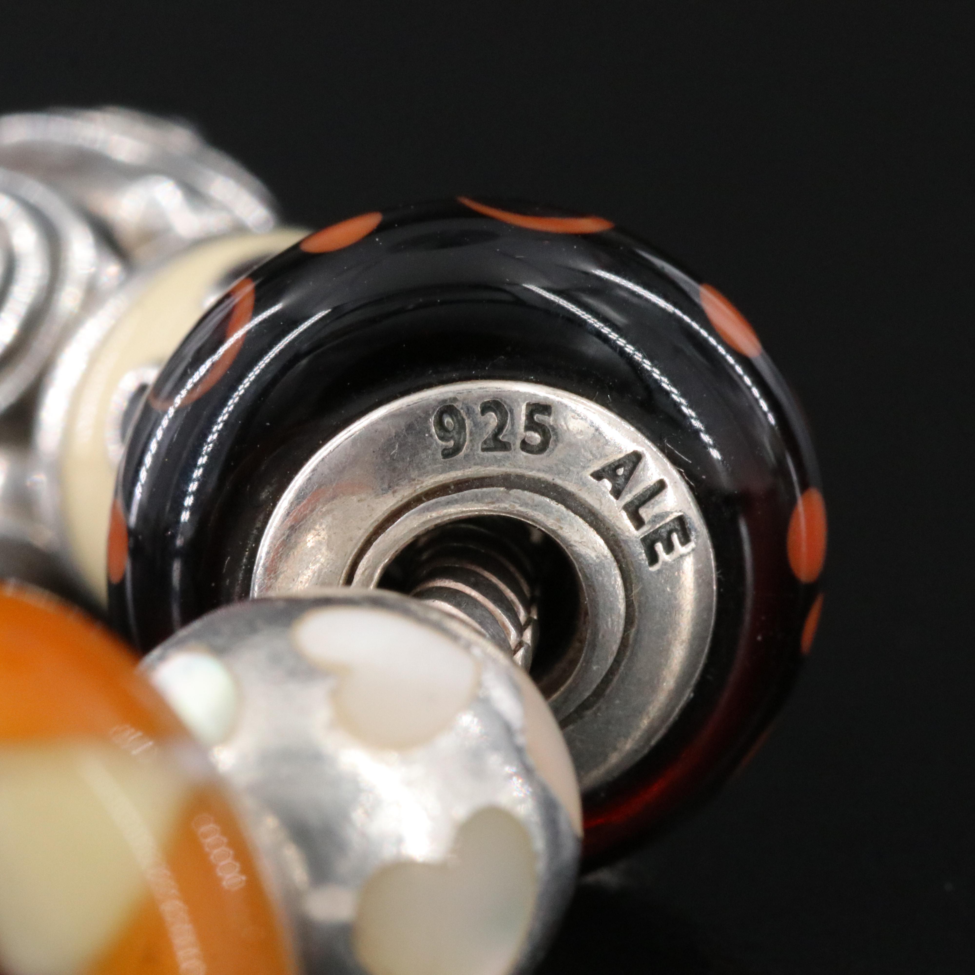 Pandora Sterling Bracelet with Charms Including CZ, Glass and Mother-of-Pearl