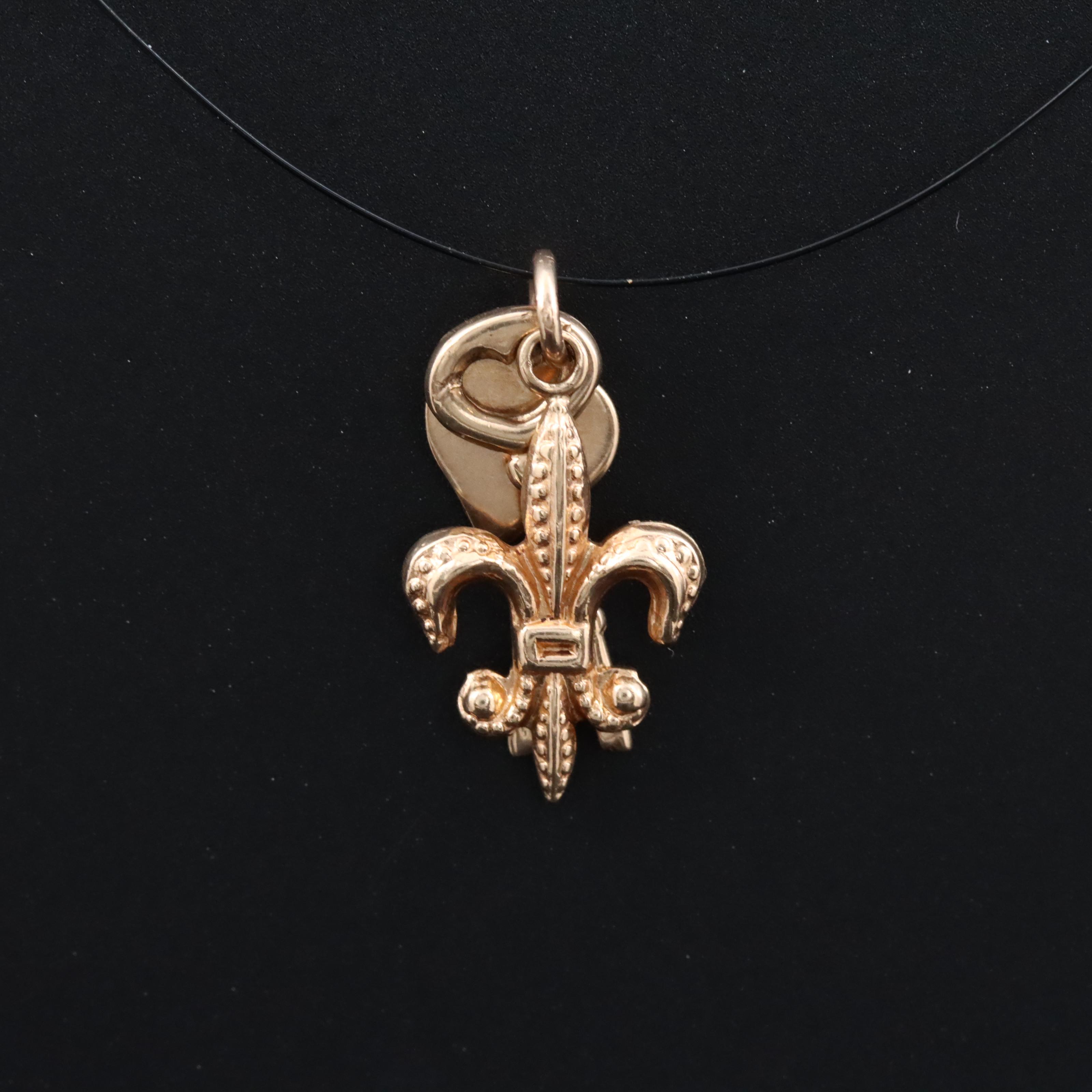 10K Fleur-de-Lis, Heart and Key Charm Pendant