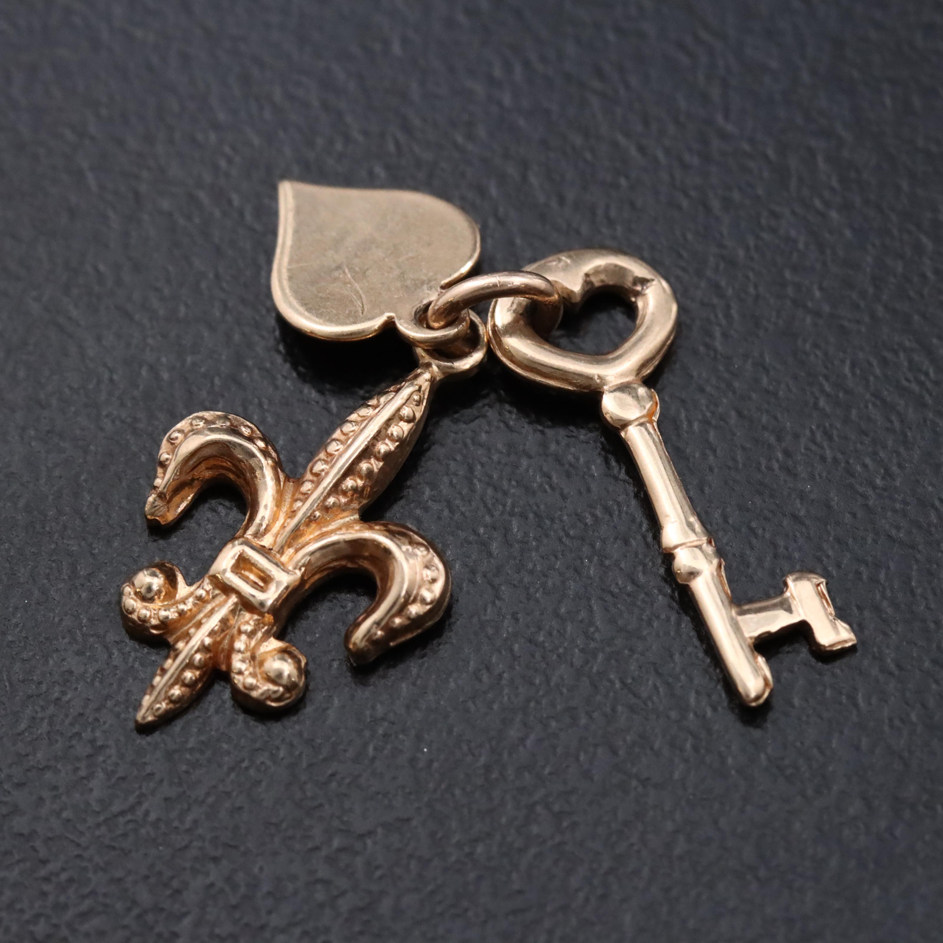 10K Fleur-de-Lis, Heart and Key Charm Pendant