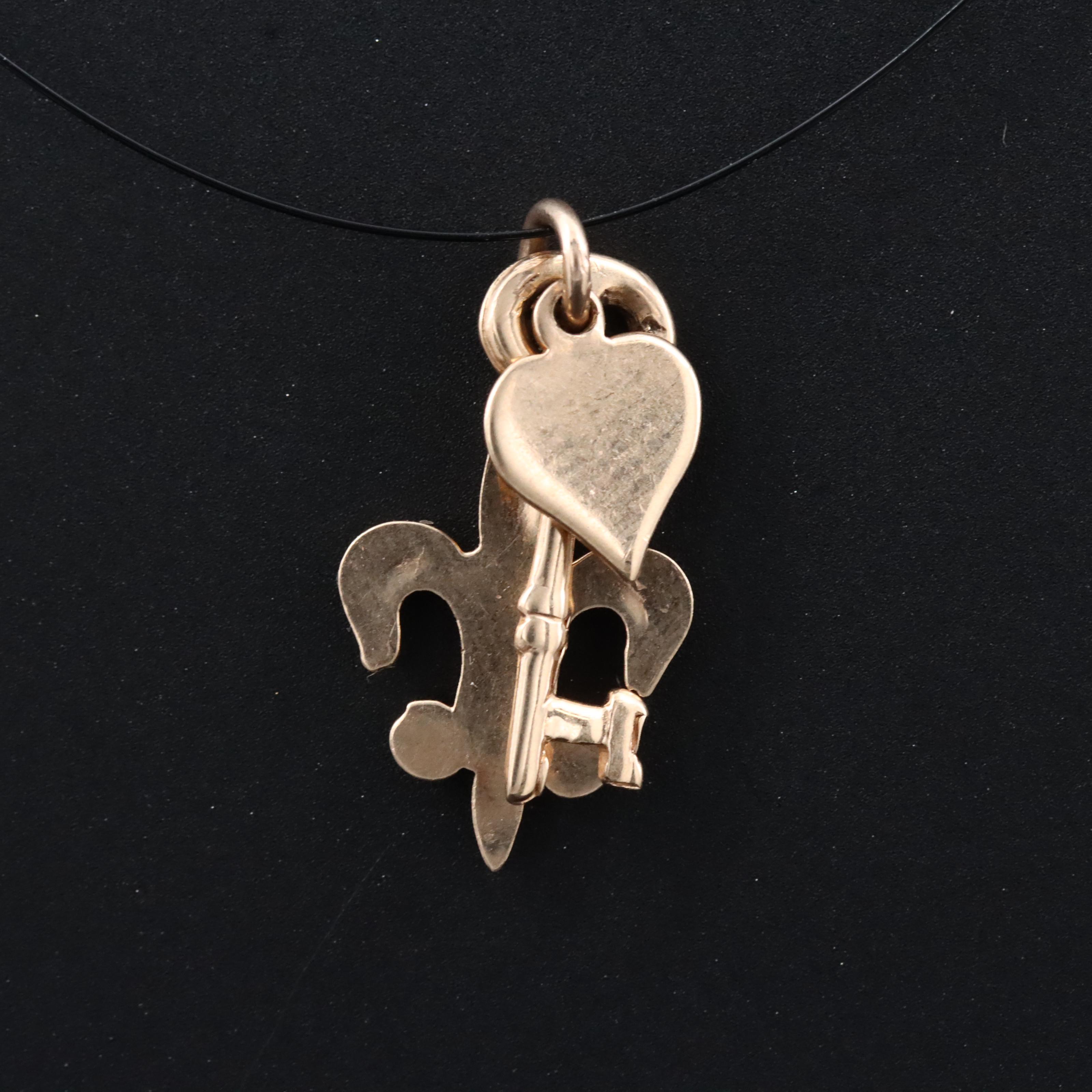 10K Fleur-de-Lis, Heart and Key Charm Pendant