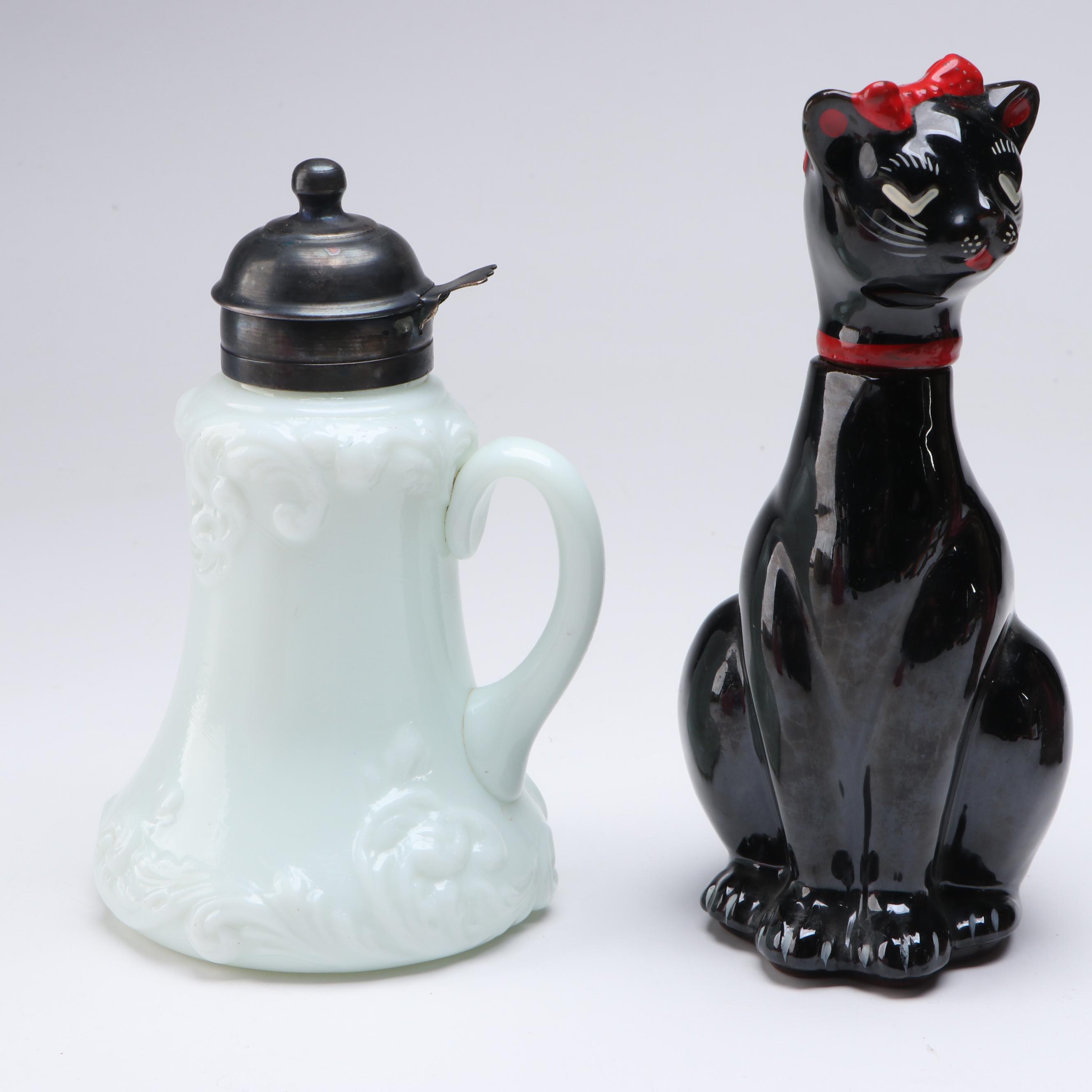 Japanese Shafford Ceramic Cat Cruet with Glass Pitchers and Fairy Lamp