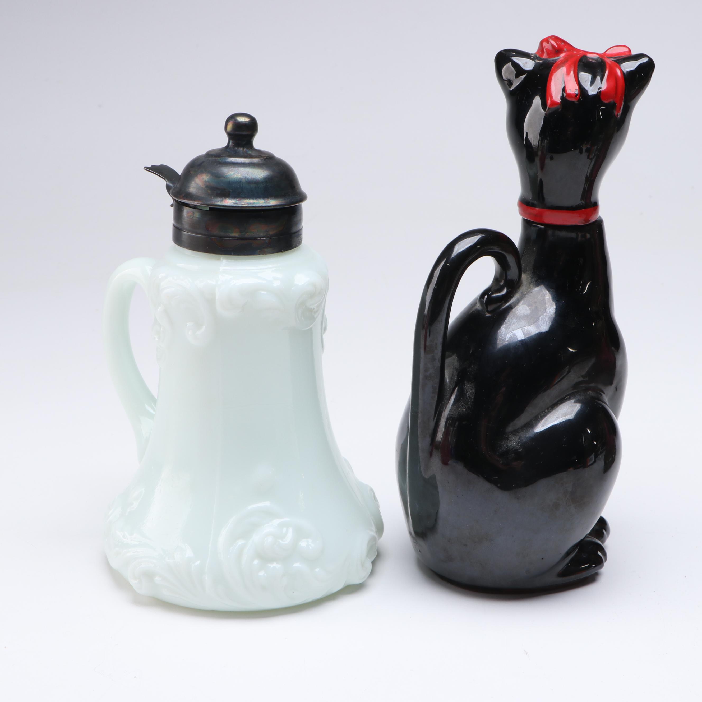 Japanese Shafford Ceramic Cat Cruet with Glass Pitchers and Fairy Lamp