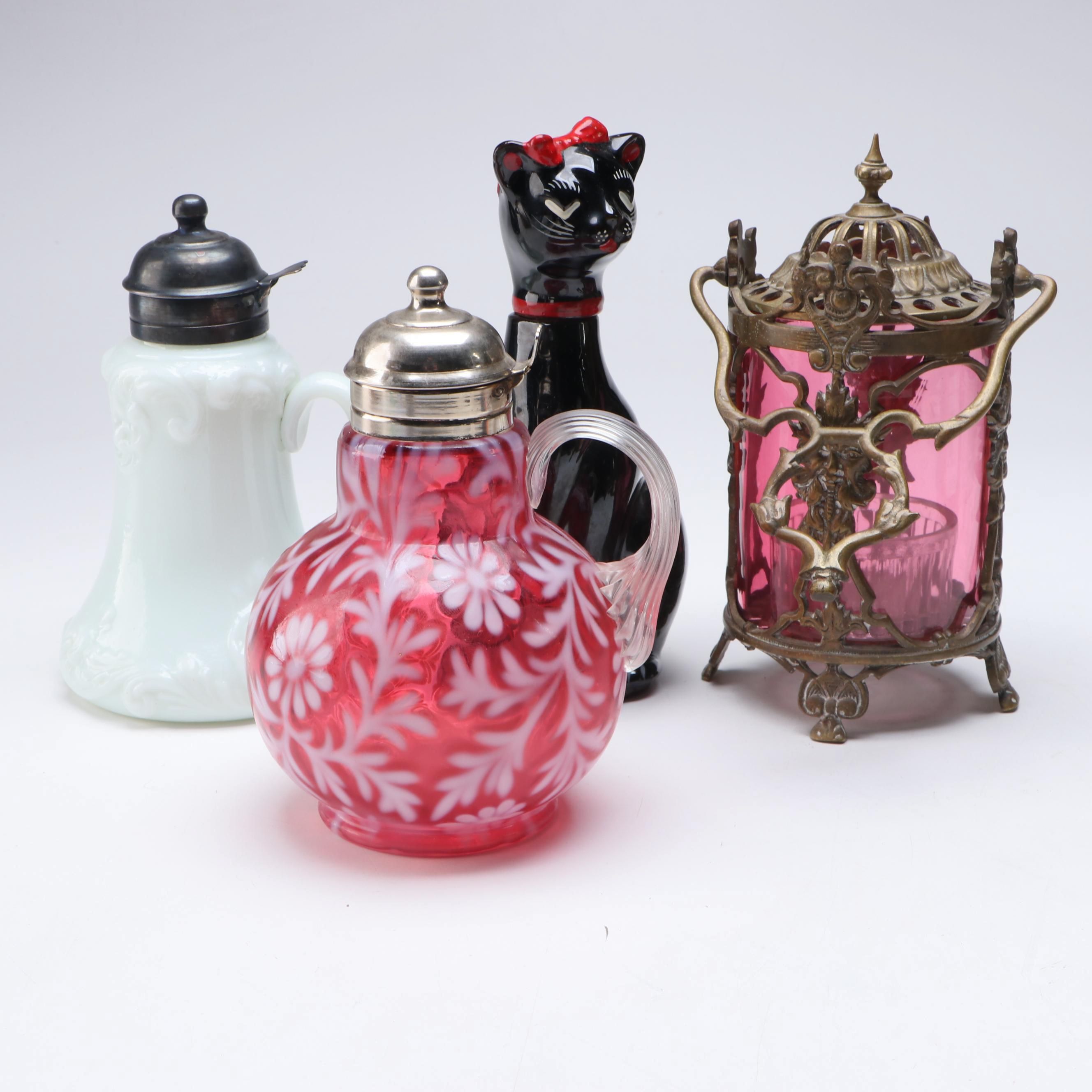 Japanese Shafford Ceramic Cat Cruet with Glass Pitchers and Fairy Lamp