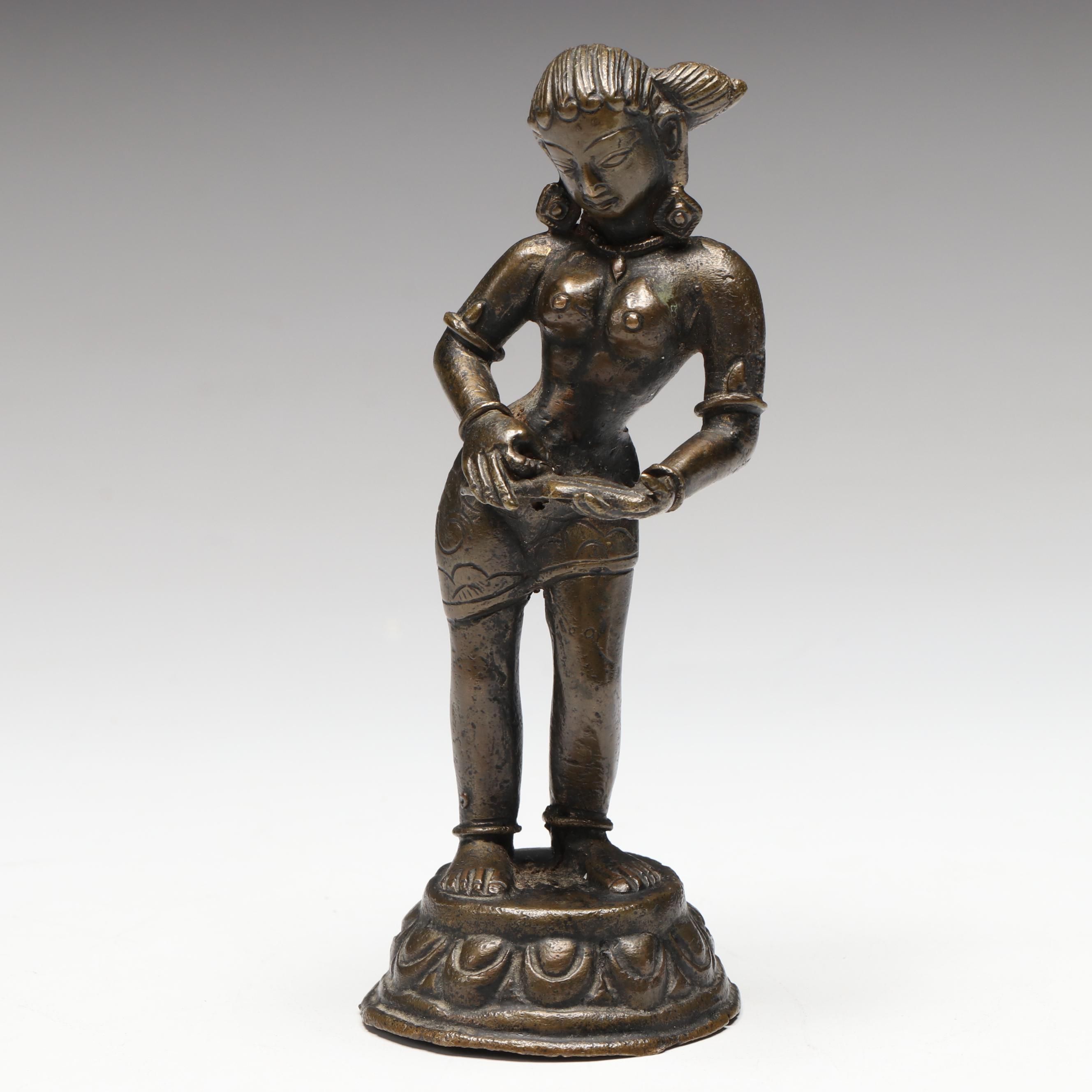 Indian Bronzed Metal Parvati Standing on Louts Statue