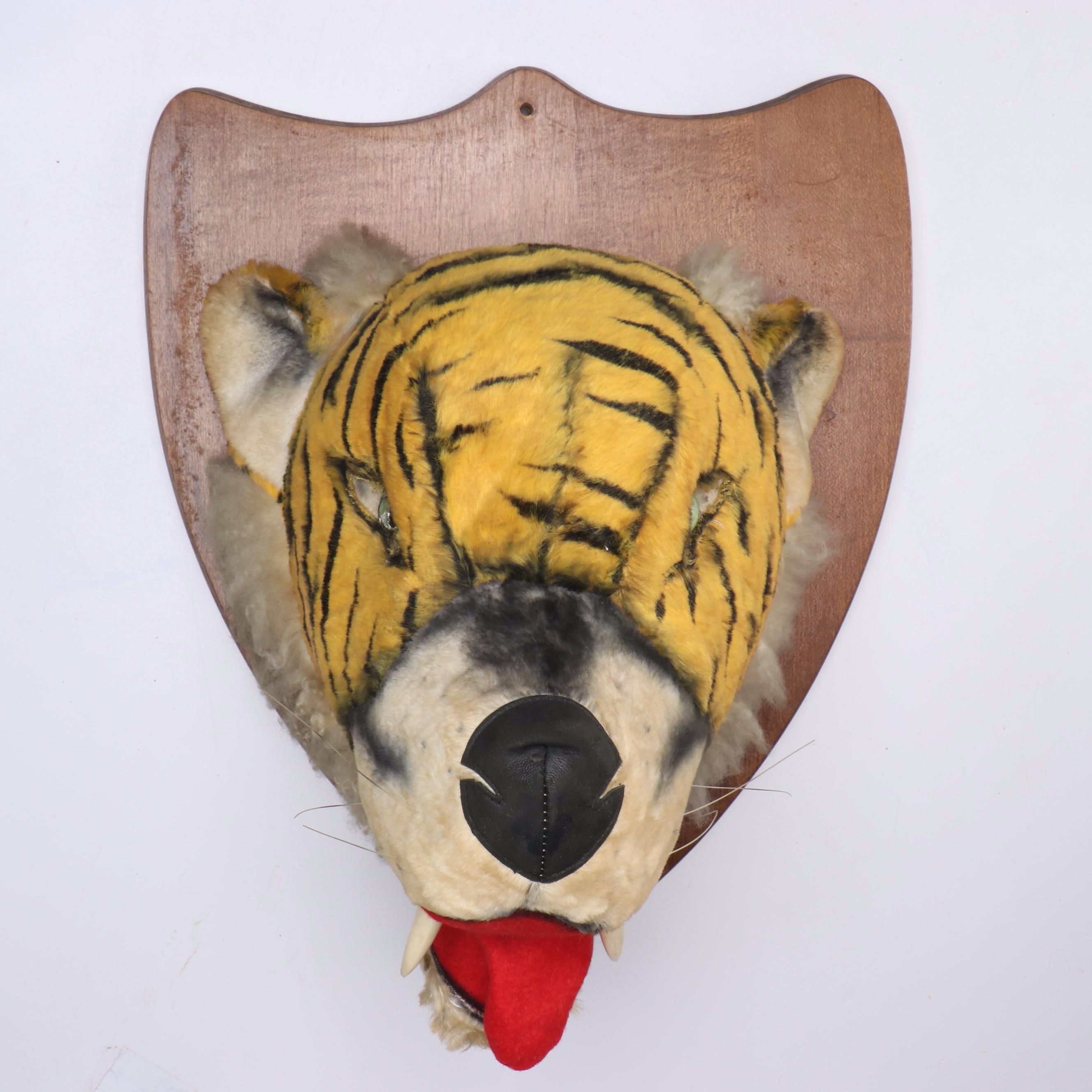 Steiff Style Plush Mohair Tiger Head on Armorial Wooden Wall Plaque
