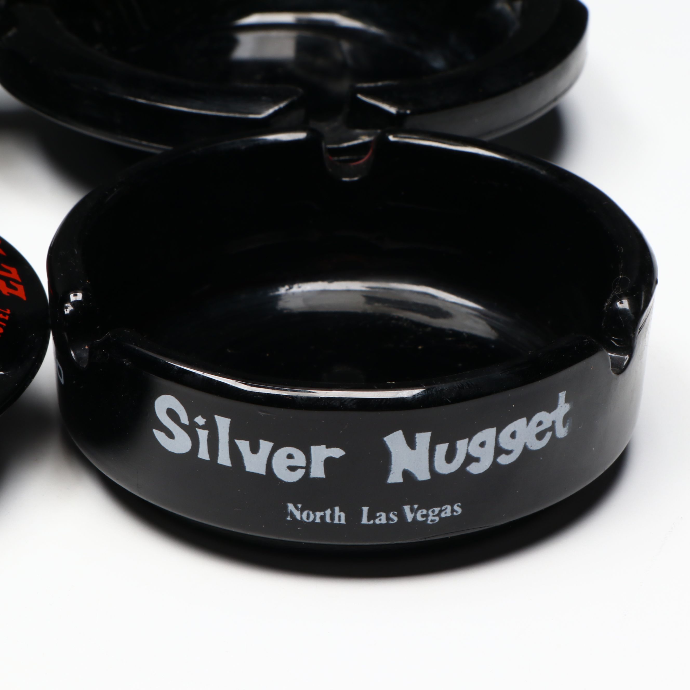 Black Glass Restaurant, Hotel, Casino Souvenir Ashtrays & Flower Frog, Vintage