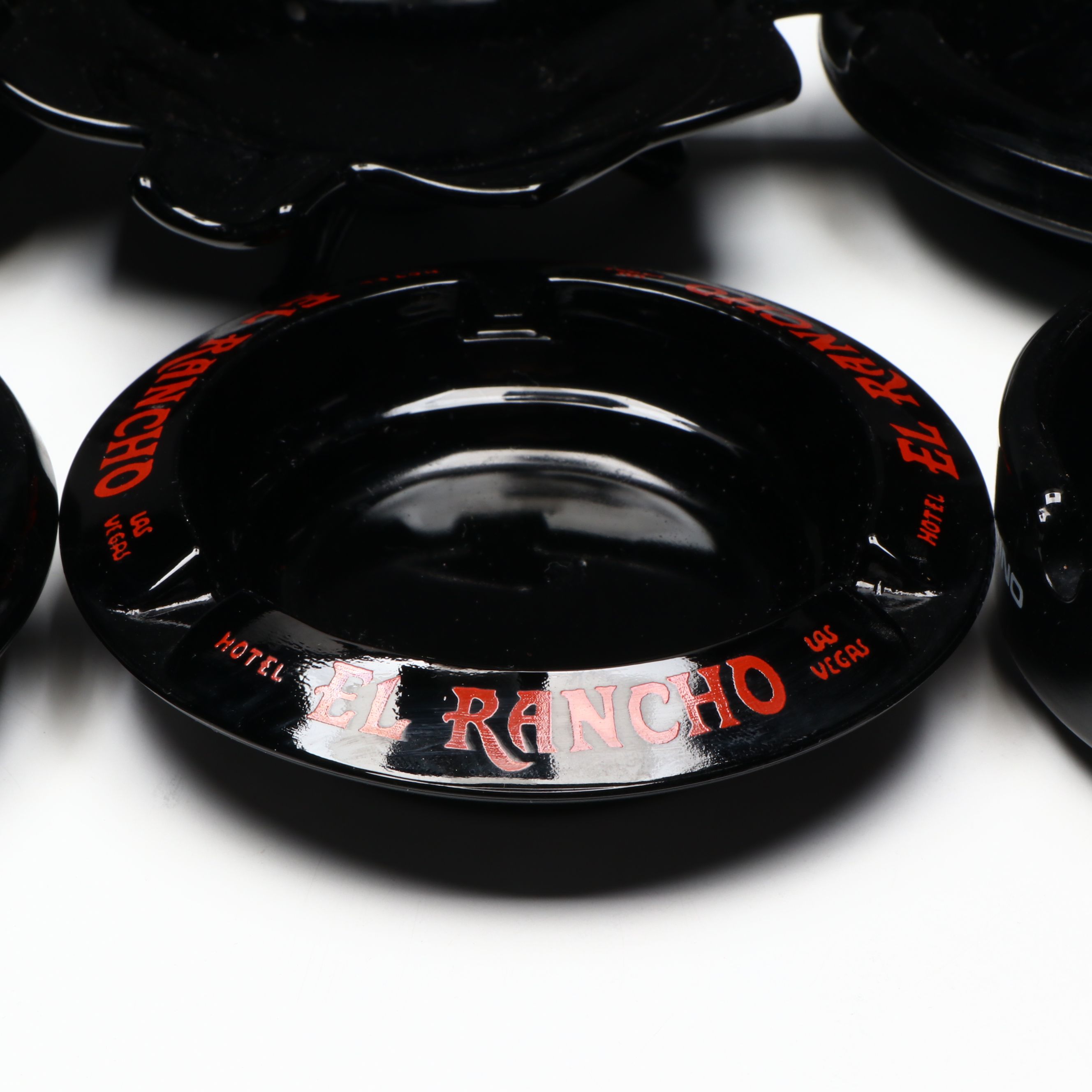 Black Glass Restaurant, Hotel, Casino Souvenir Ashtrays & Flower Frog, Vintage