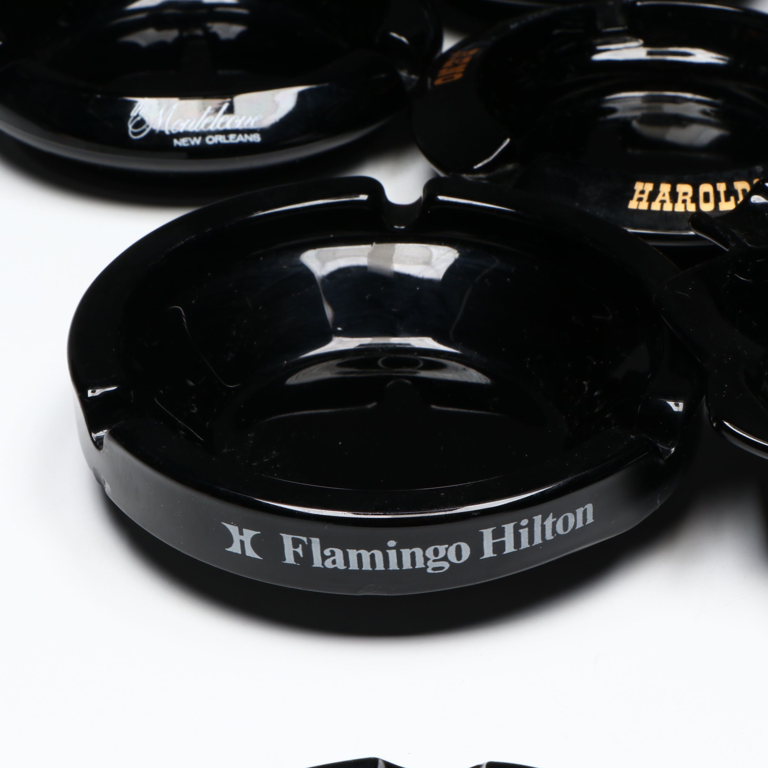 Black Glass Restaurant, Hotel, Casino Souvenir Ashtrays & Flower Frog, Vintage