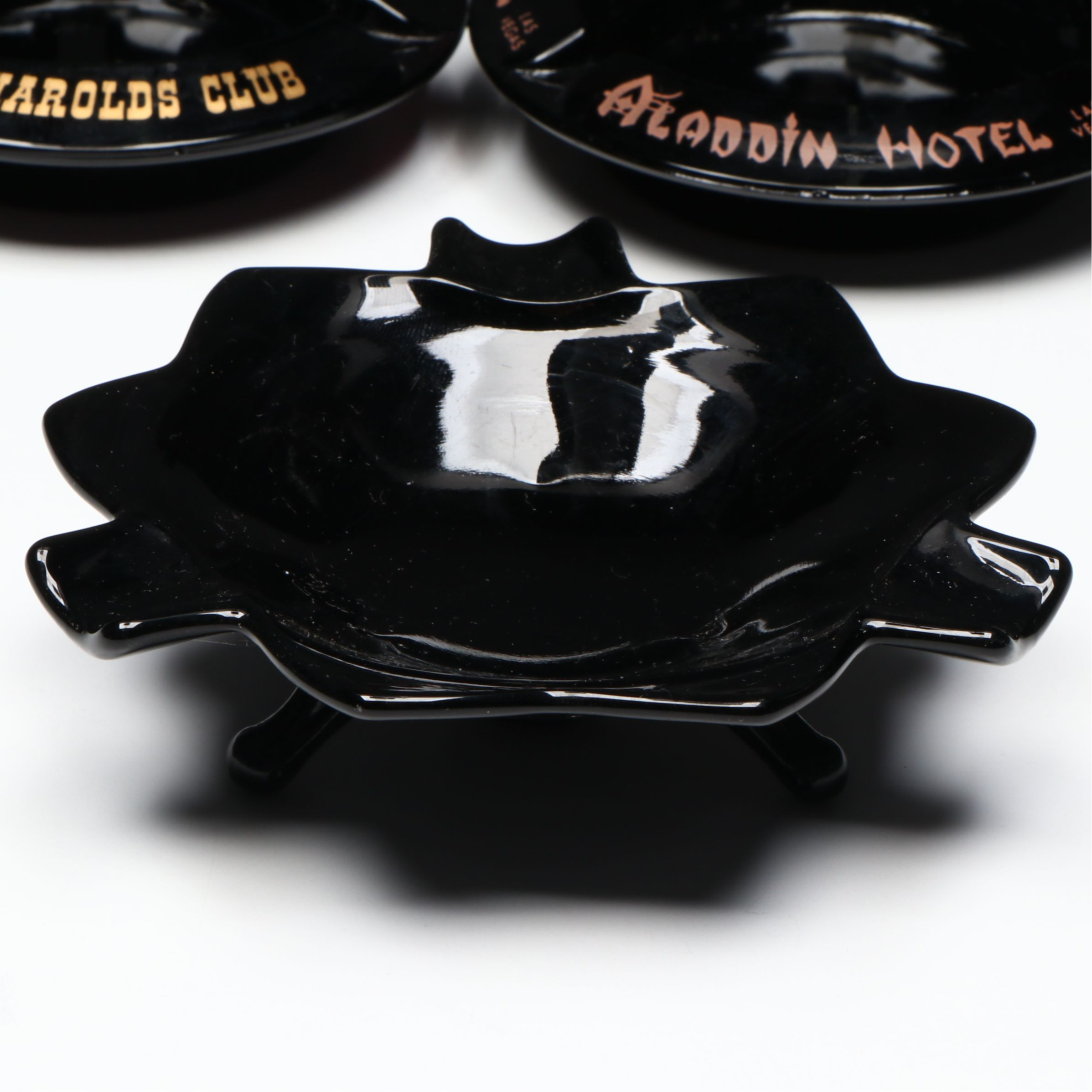 Black Glass Restaurant, Hotel, Casino Souvenir Ashtrays & Flower Frog, Vintage