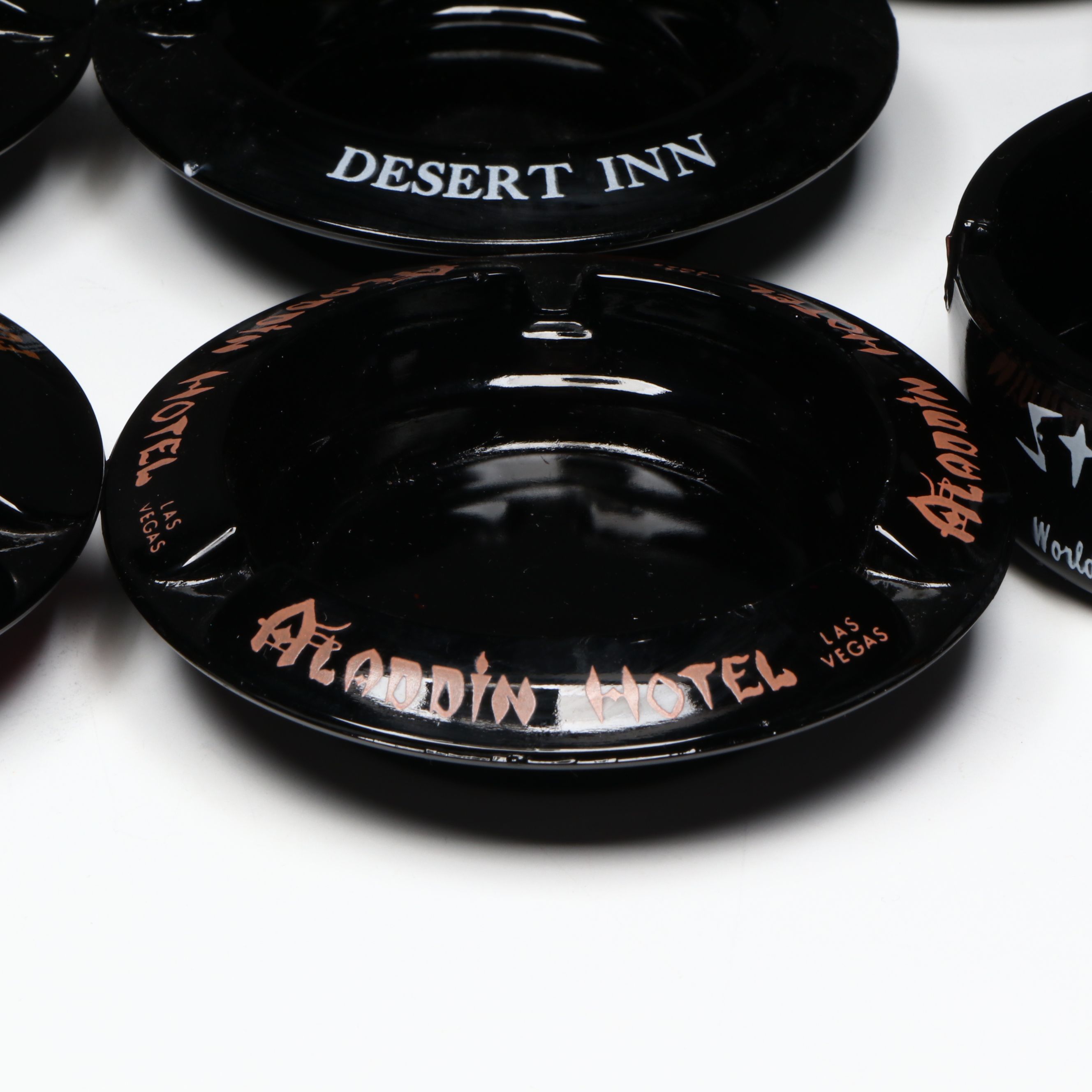 Black Glass Restaurant, Hotel, Casino Souvenir Ashtrays & Flower Frog, Vintage