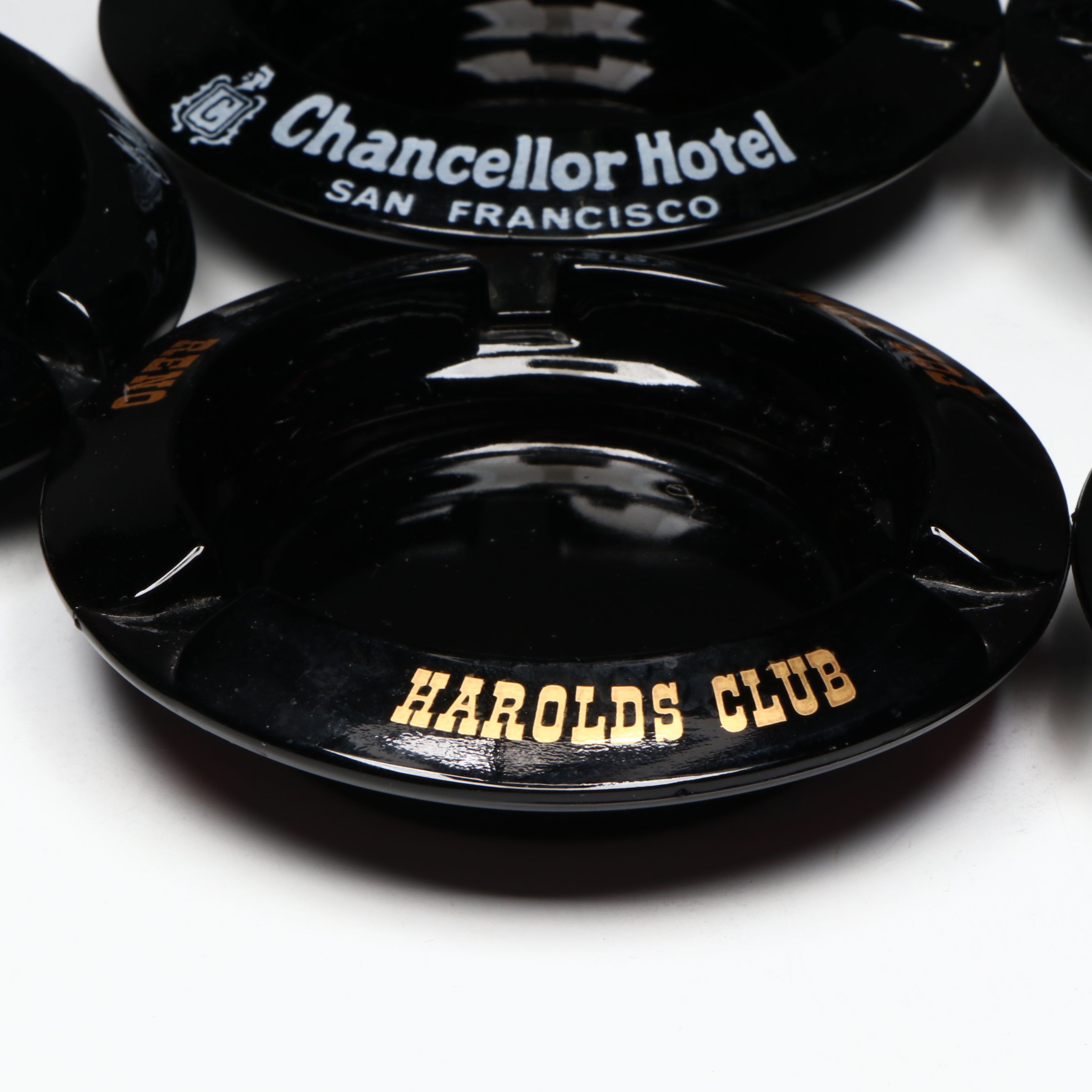 Black Glass Restaurant, Hotel, Casino Souvenir Ashtrays & Flower Frog, Vintage