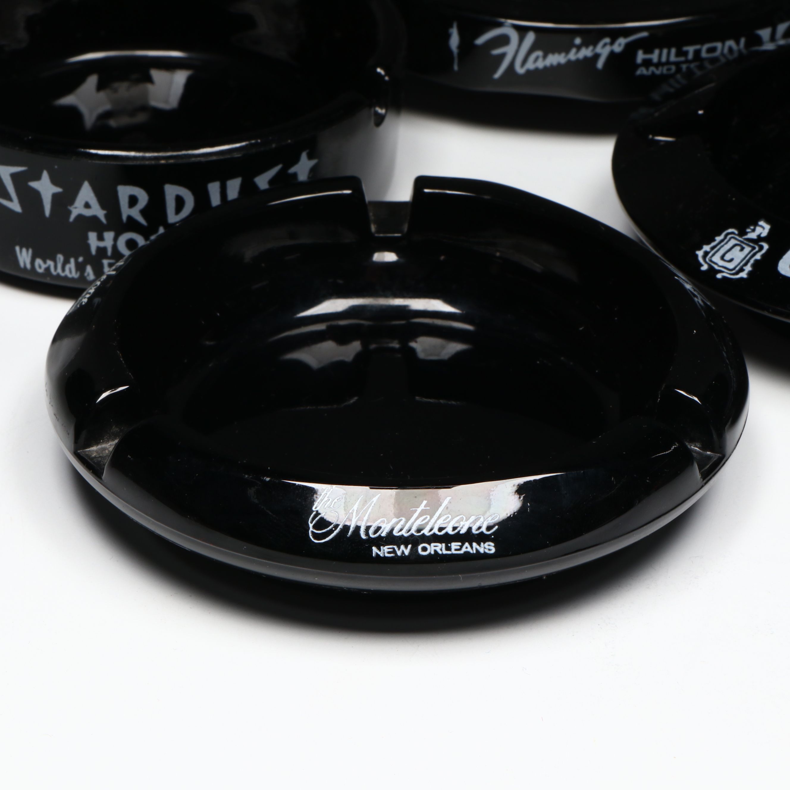Black Glass Restaurant, Hotel, Casino Souvenir Ashtrays & Flower Frog, Vintage