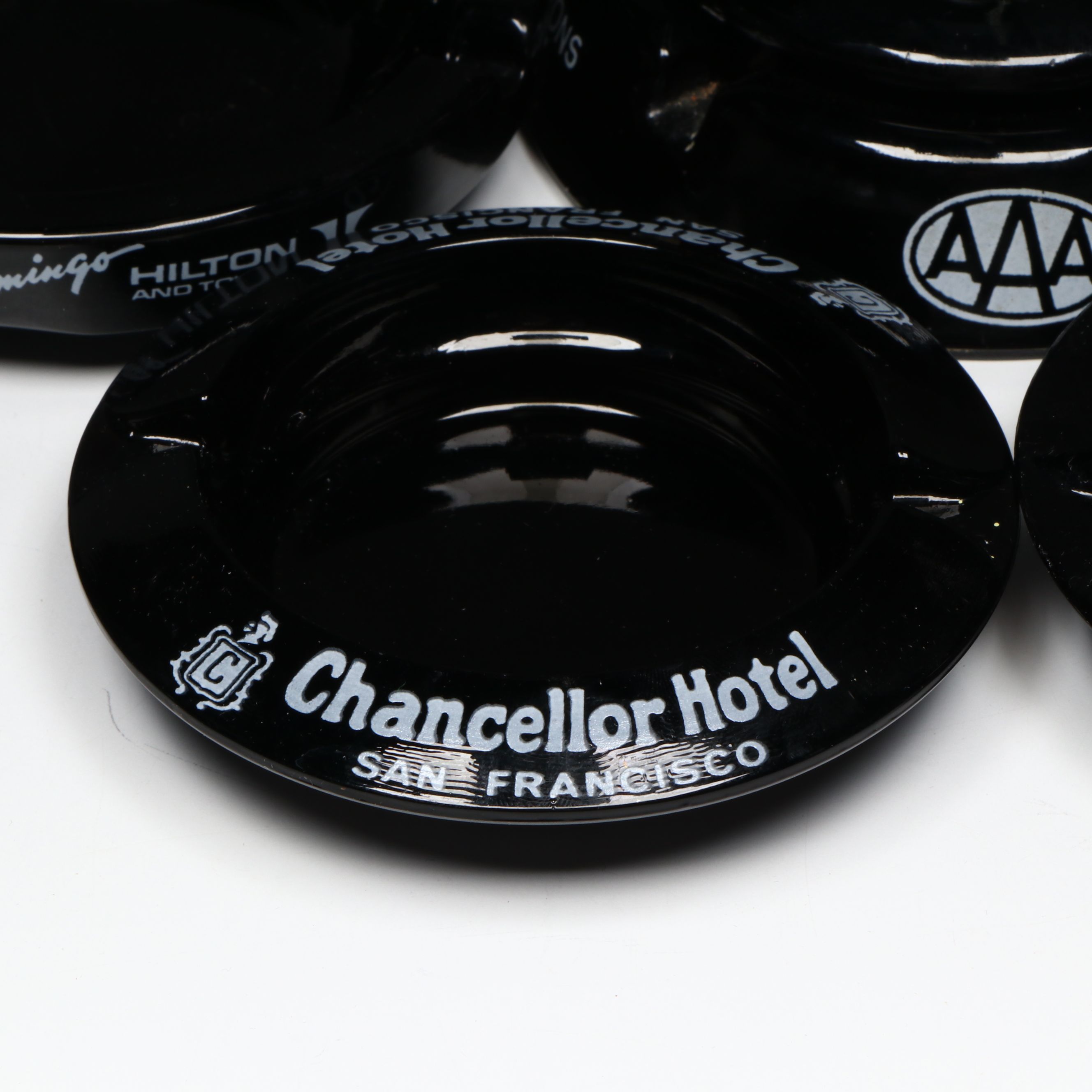 Black Glass Restaurant, Hotel, Casino Souvenir Ashtrays & Flower Frog, Vintage