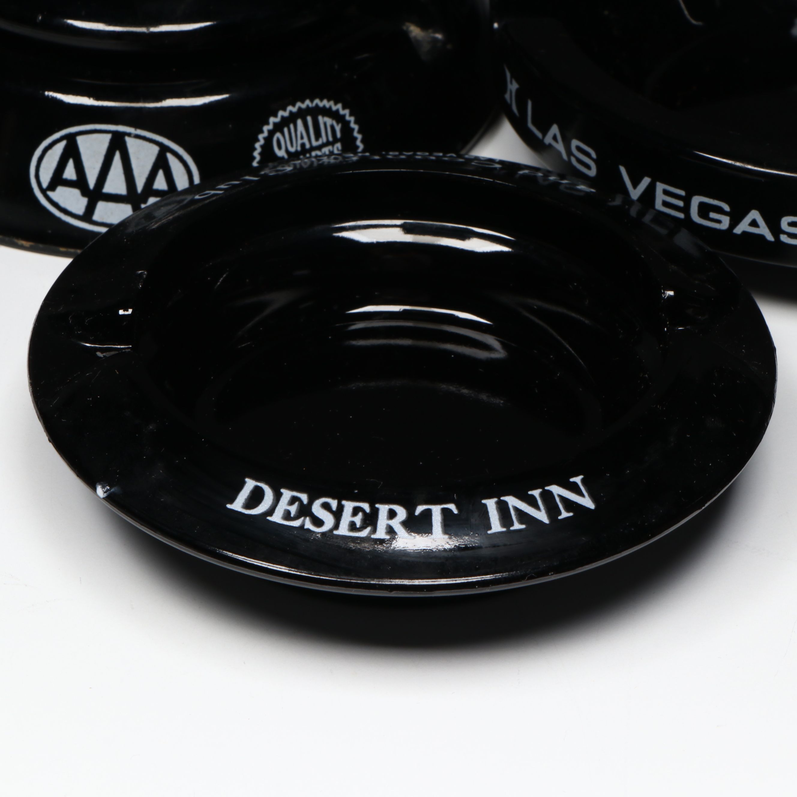 Black Glass Restaurant, Hotel, Casino Souvenir Ashtrays & Flower Frog, Vintage