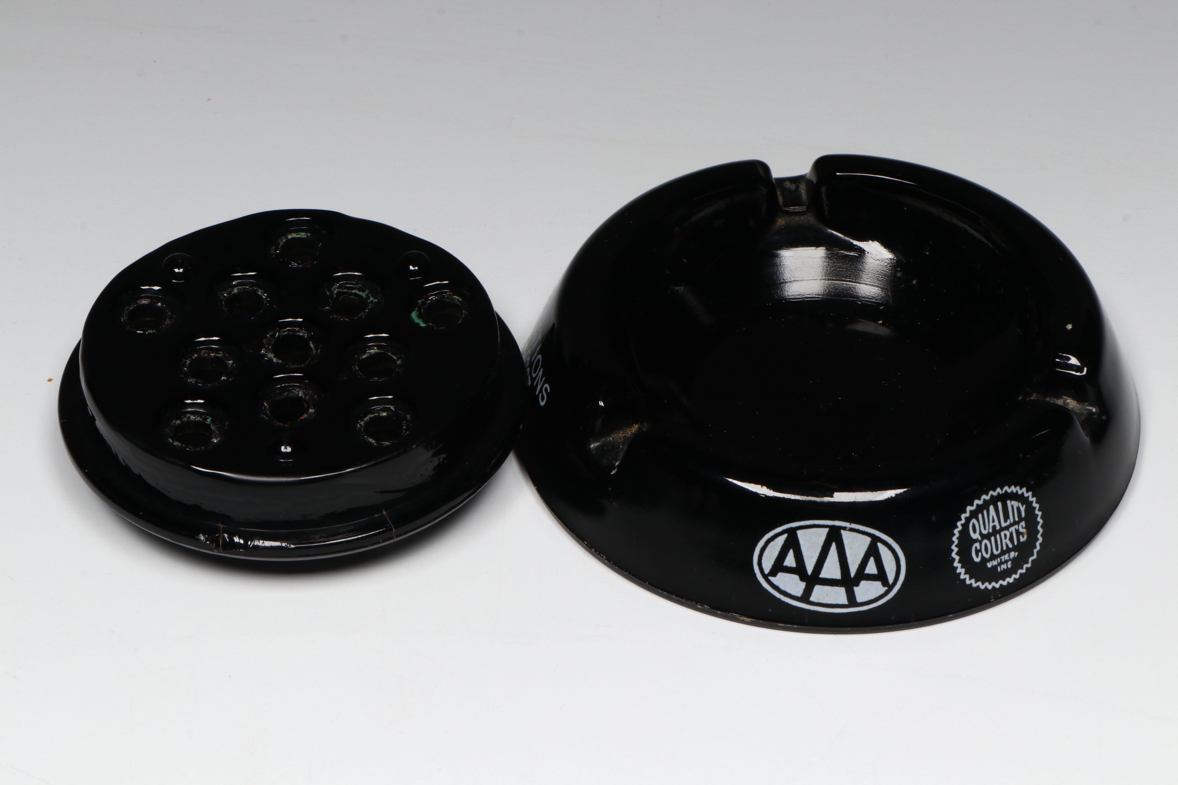 Black Glass Restaurant, Hotel, Casino Souvenir Ashtrays & Flower Frog, Vintage