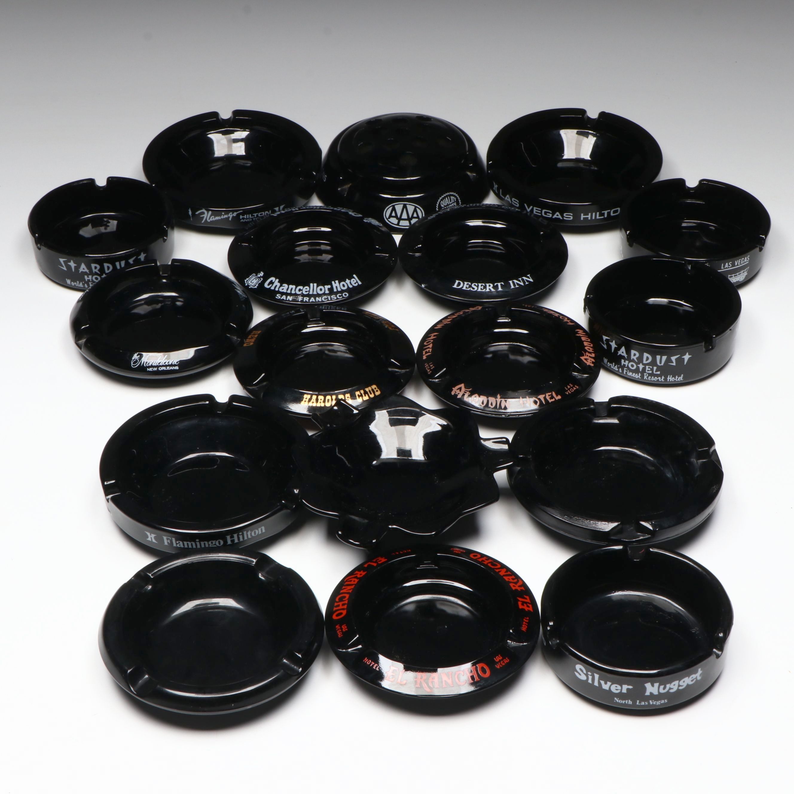 Black Glass Restaurant, Hotel, Casino Souvenir Ashtrays & Flower Frog, Vintage