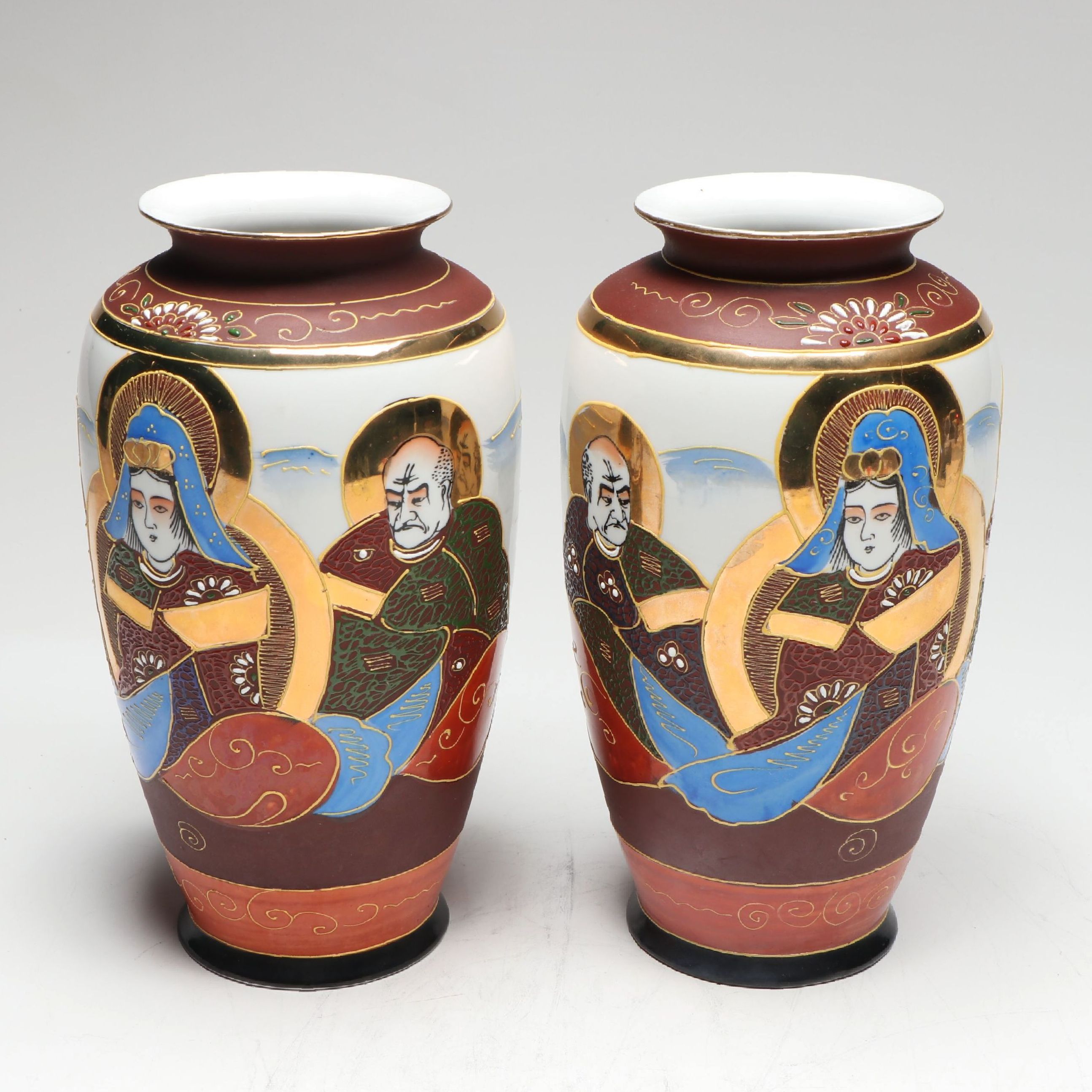 Pair of Japanese Porcelain Satsuma Moriage Accented Vases