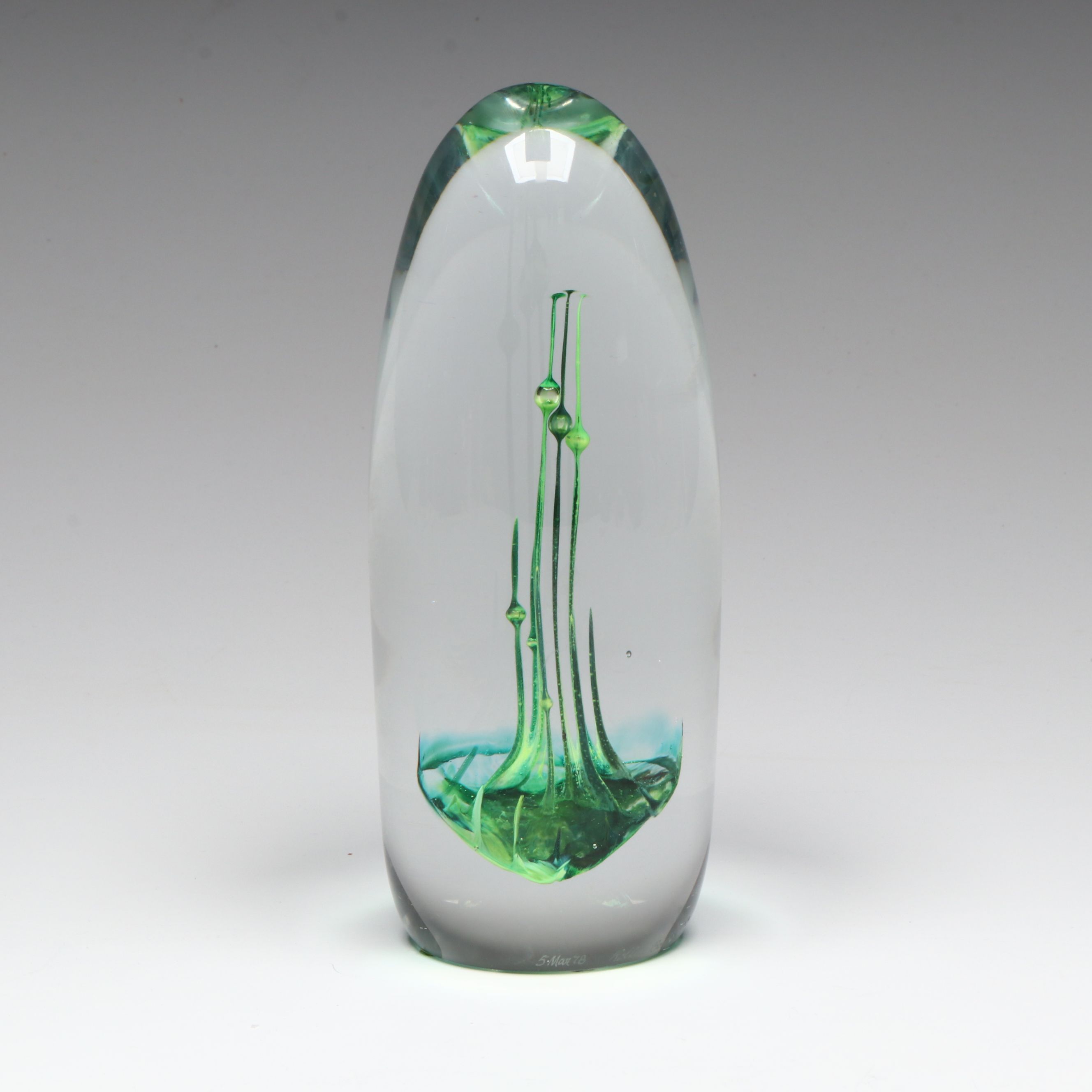 Rollin Bodley Green Implosion Blown Art Glass Sculpture, 1978
