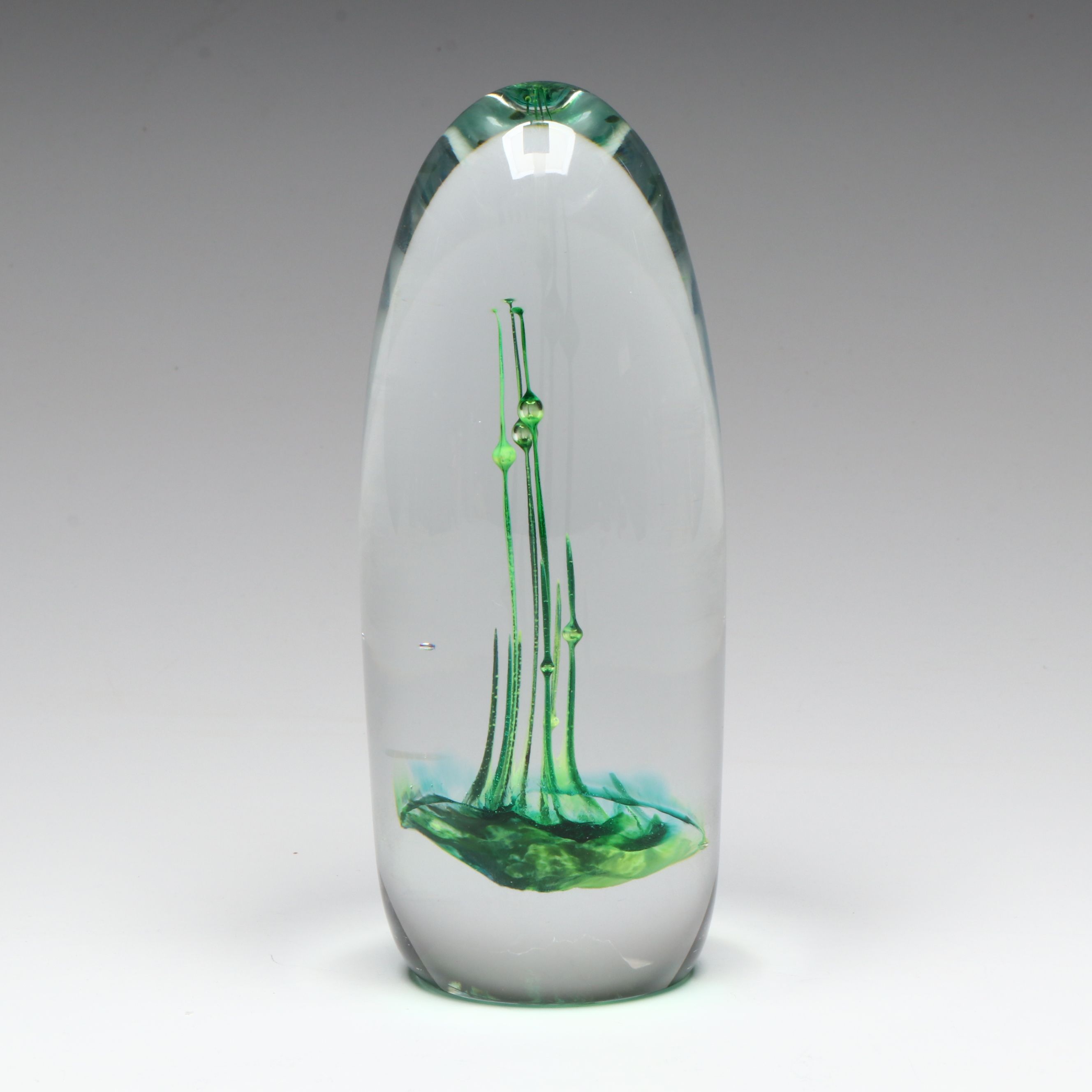 Rollin Bodley Green Implosion Blown Art Glass Sculpture, 1978