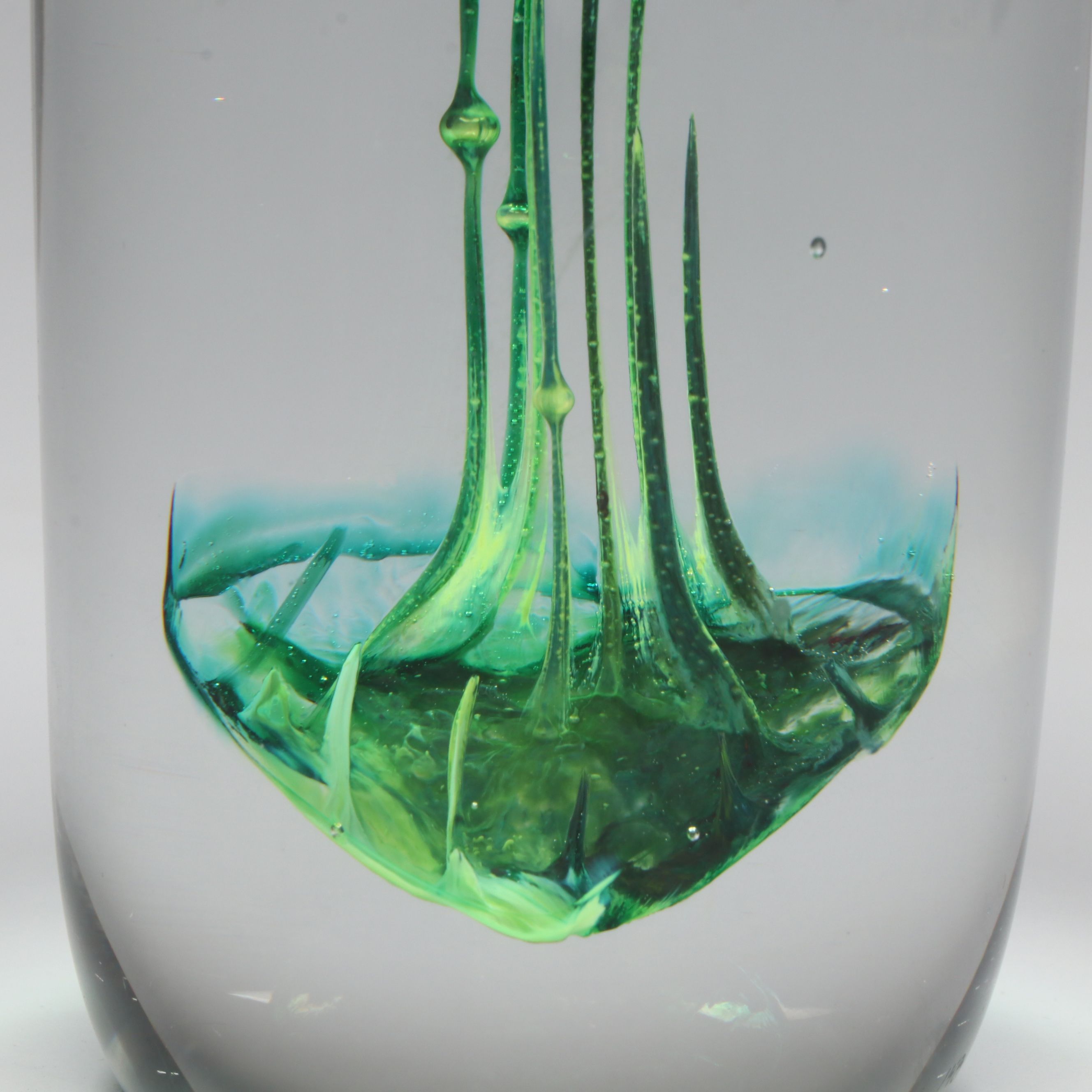 Rollin Bodley Green Implosion Blown Art Glass Sculpture, 1978