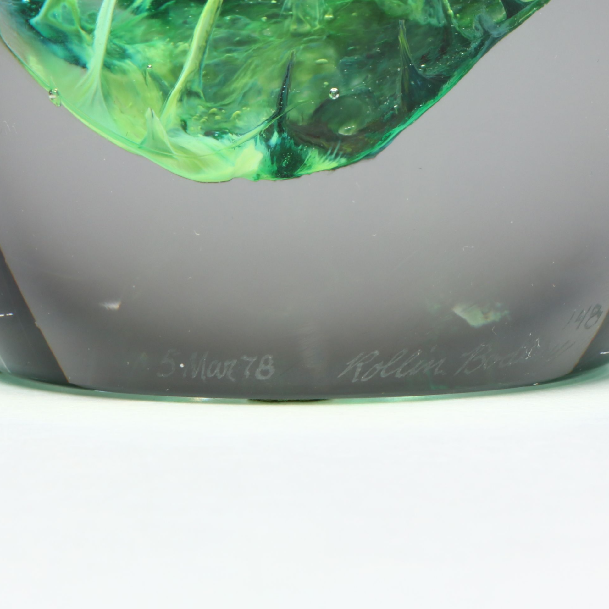 Rollin Bodley Green Implosion Blown Art Glass Sculpture, 1978