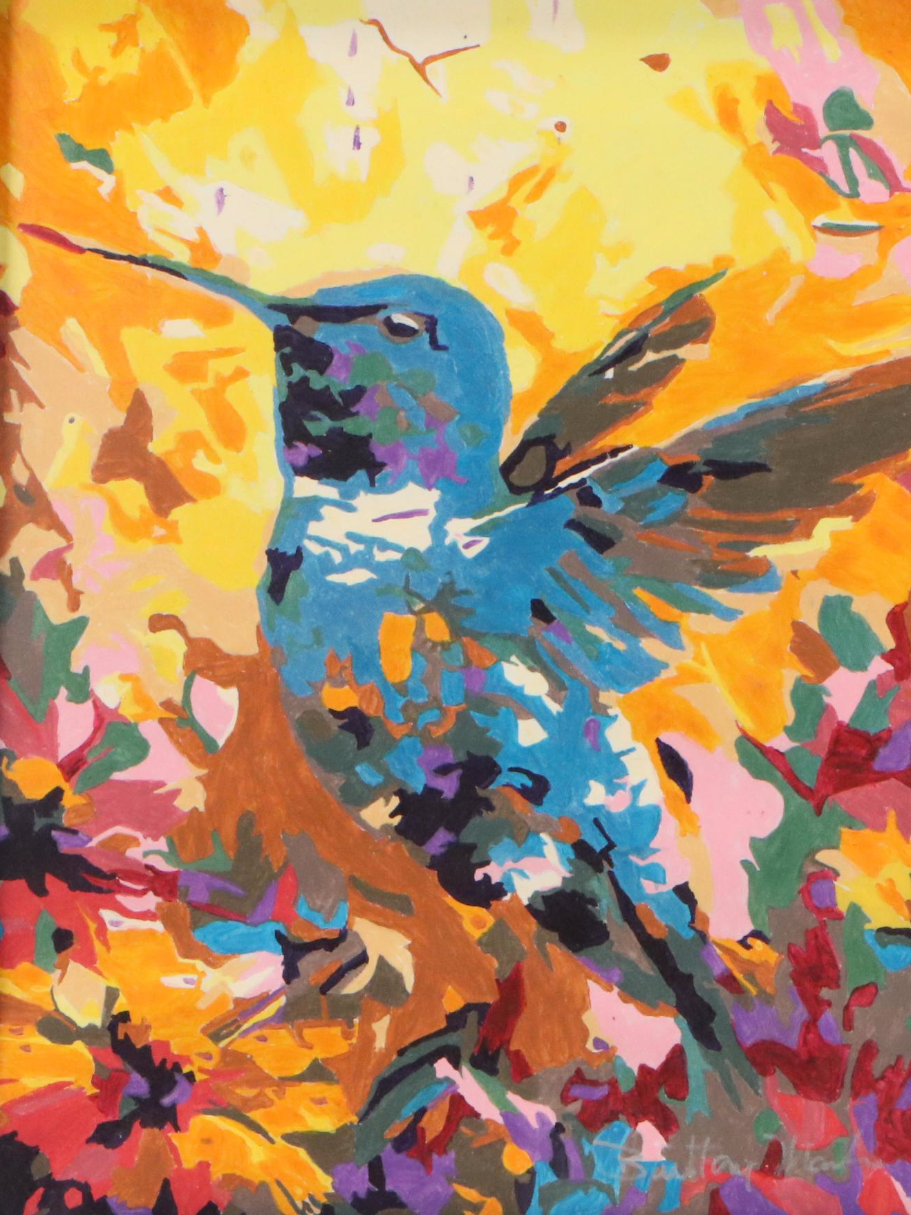 Brittony Martin Acrylic Painting of Hummingbird Among Flowers, 21st Century